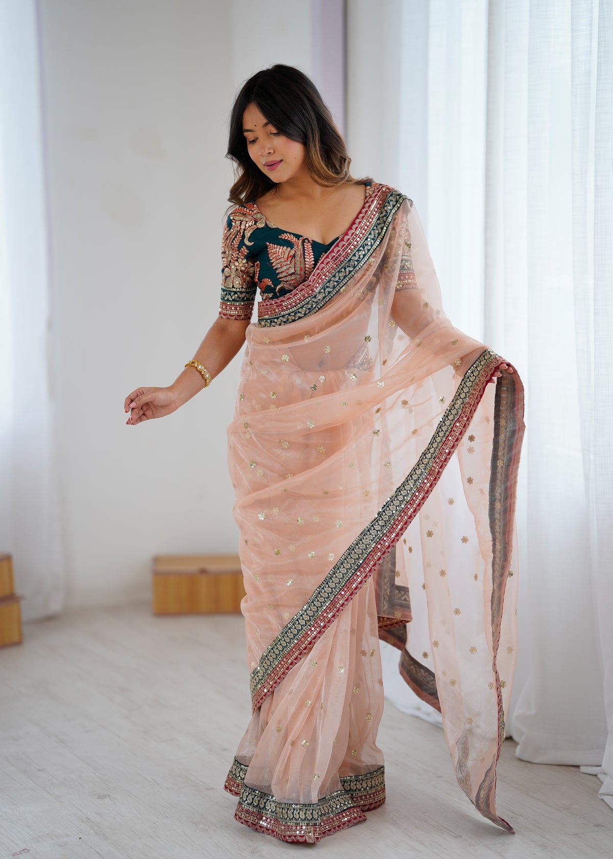 Gorgeous Function Wear Pure Net Thread n Sequence Work Designer Saree With Unstitched Blouse