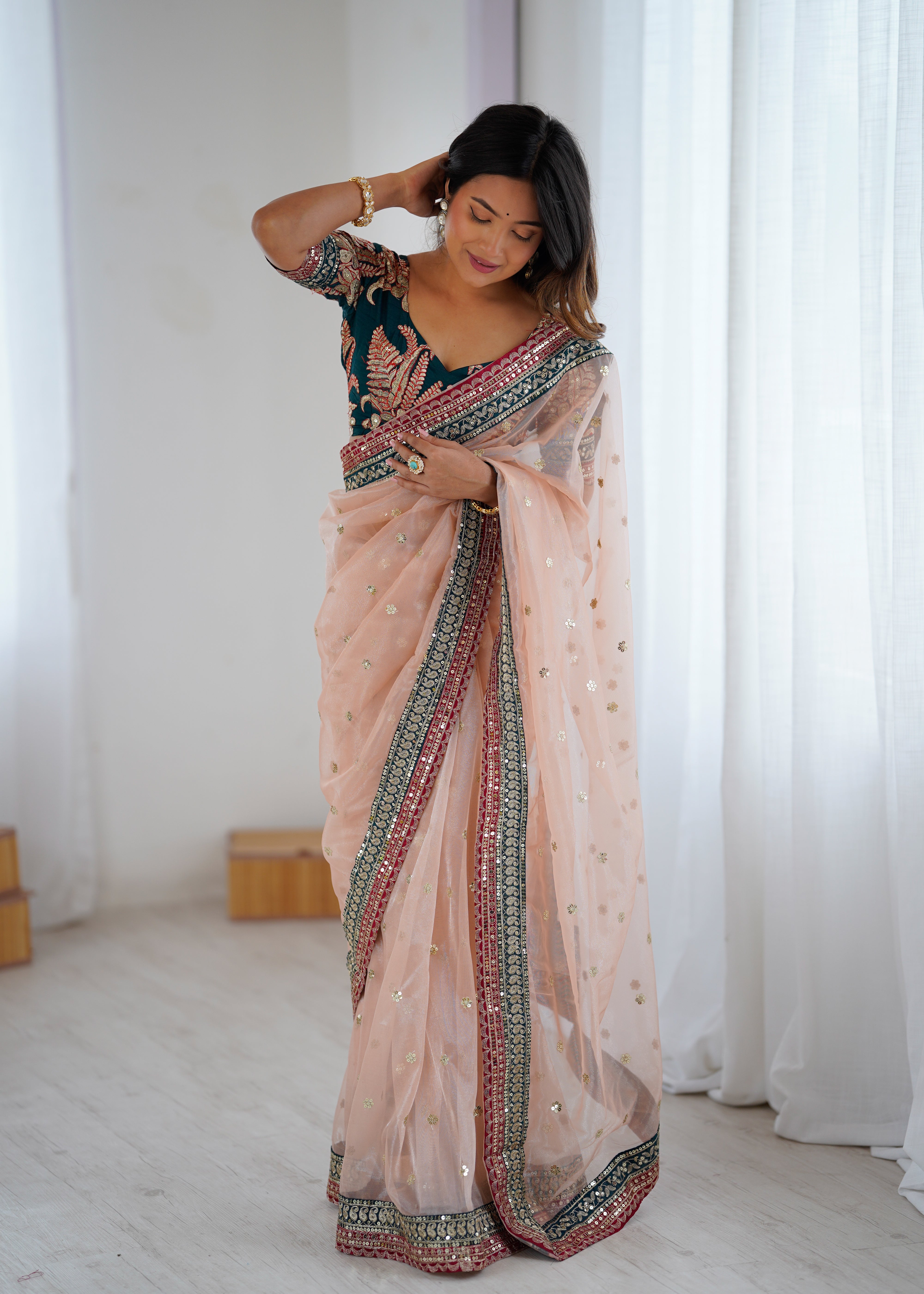 Gorgeous Function Wear Pure Net Thread n Sequence Work Designer Saree With Unstitched Blouse