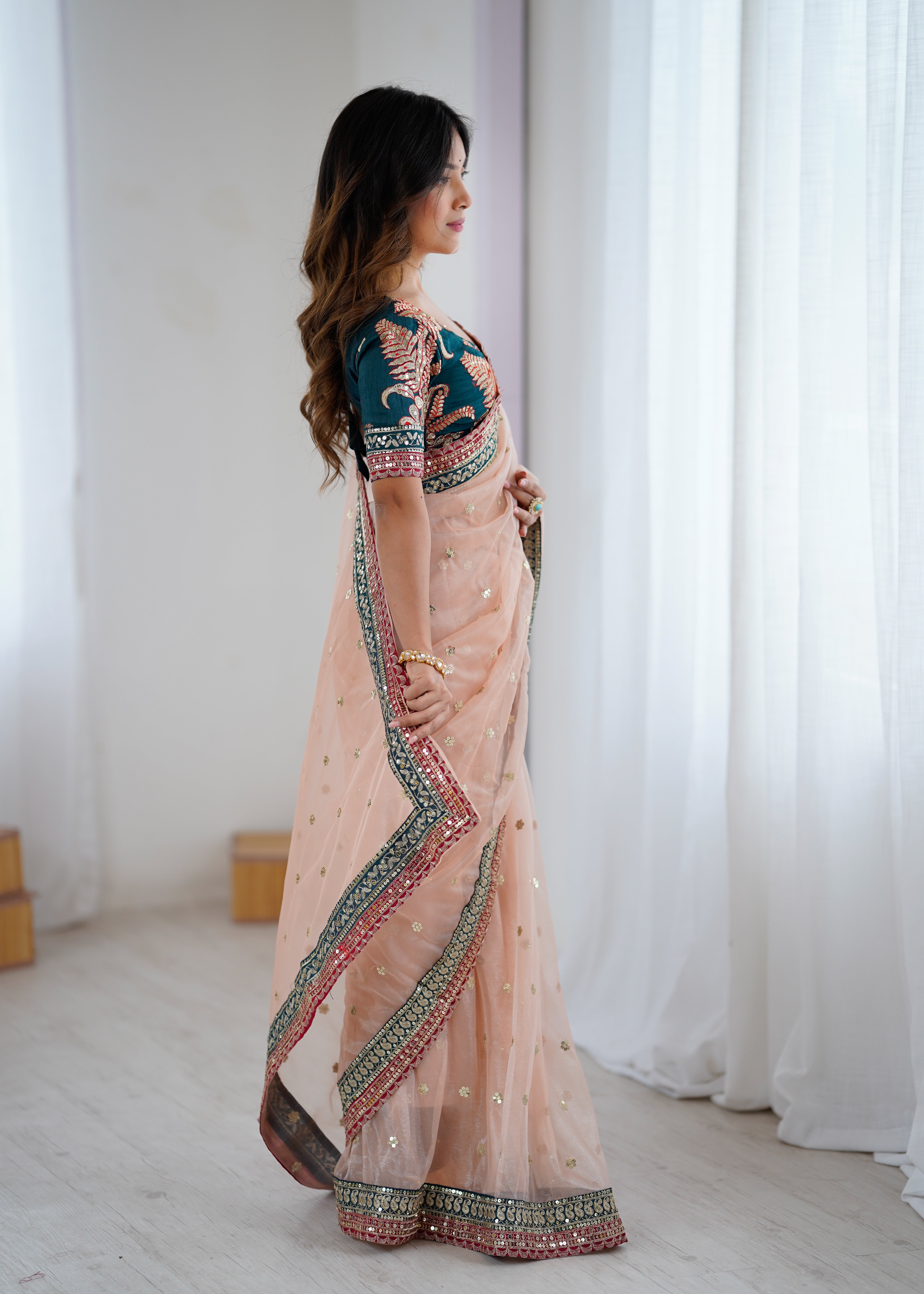 Gorgeous Function Wear Pure Net Thread n Sequence Work Designer Saree With Unstitched Blouse