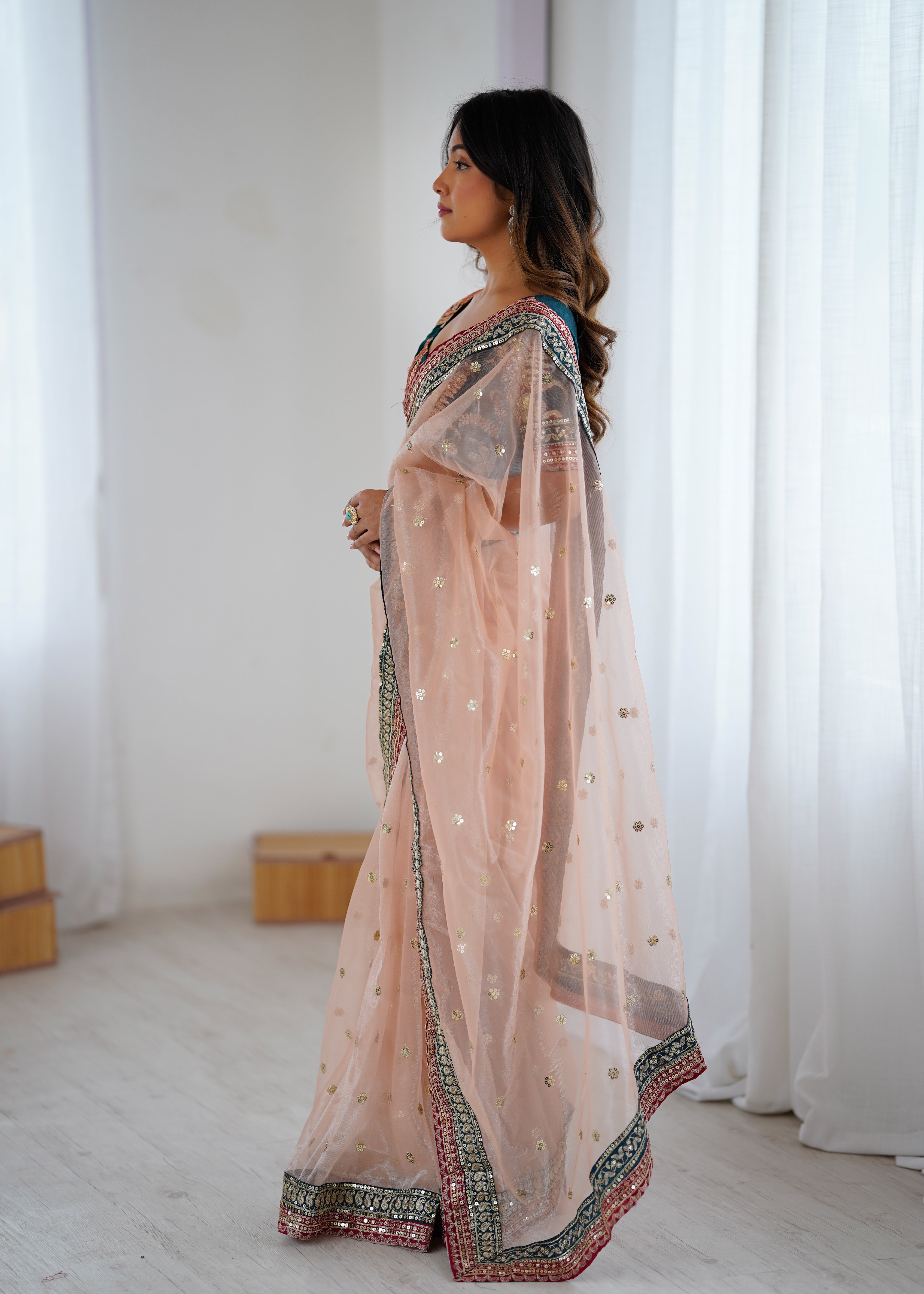Gorgeous Function Wear Pure Net Thread n Sequence Work Designer Saree With Unstitched Blouse