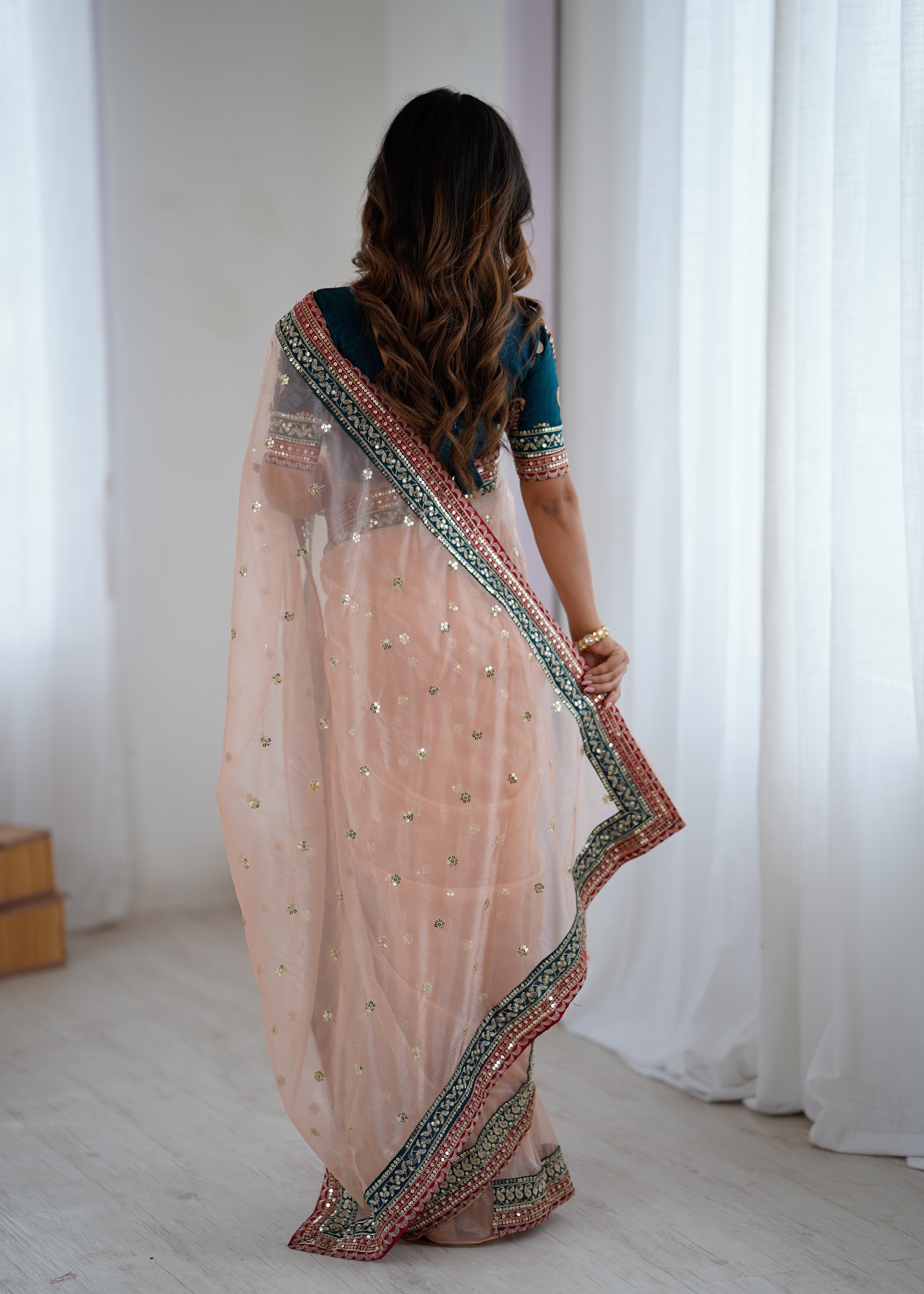 Gorgeous Function Wear Pure Net Thread n Sequence Work Designer Saree With Unstitched Blouse