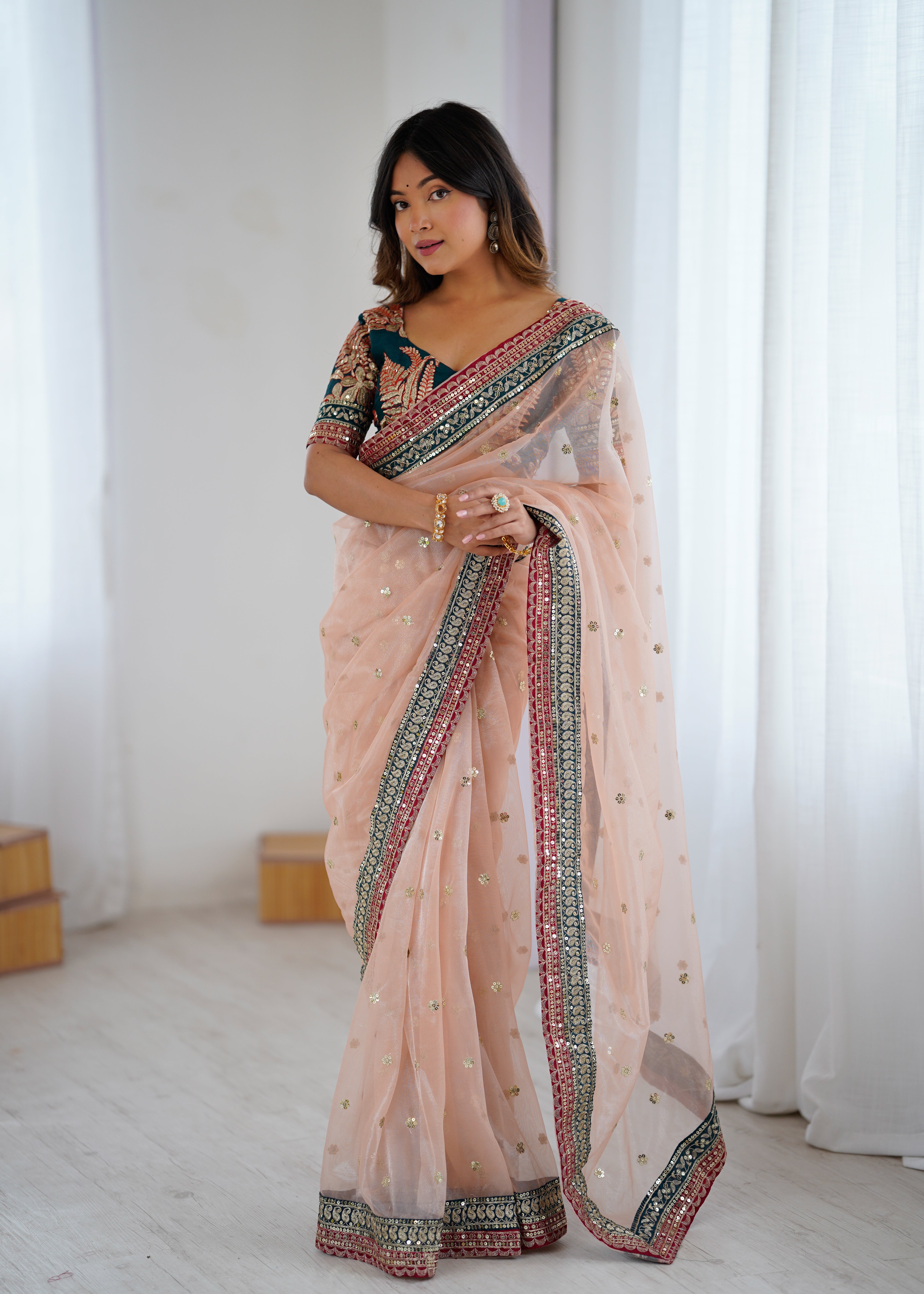 Gorgeous Function Wear Pure Net Thread n Sequence Work Designer Saree With Unstitched Blouse