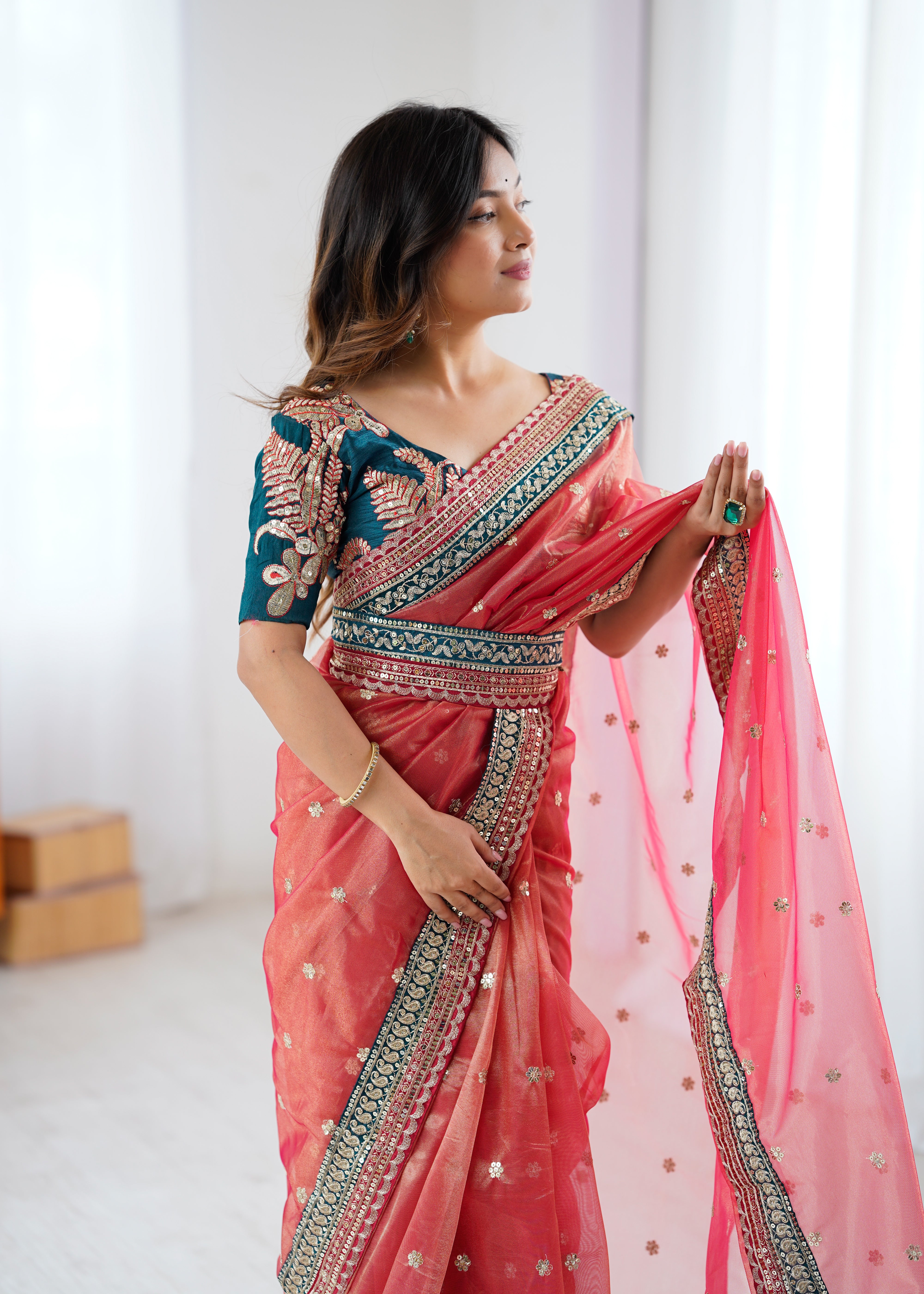Gorgeous Function Wear Pure Net Thread n Sequence Work Designer Saree With Unstitched Blouse