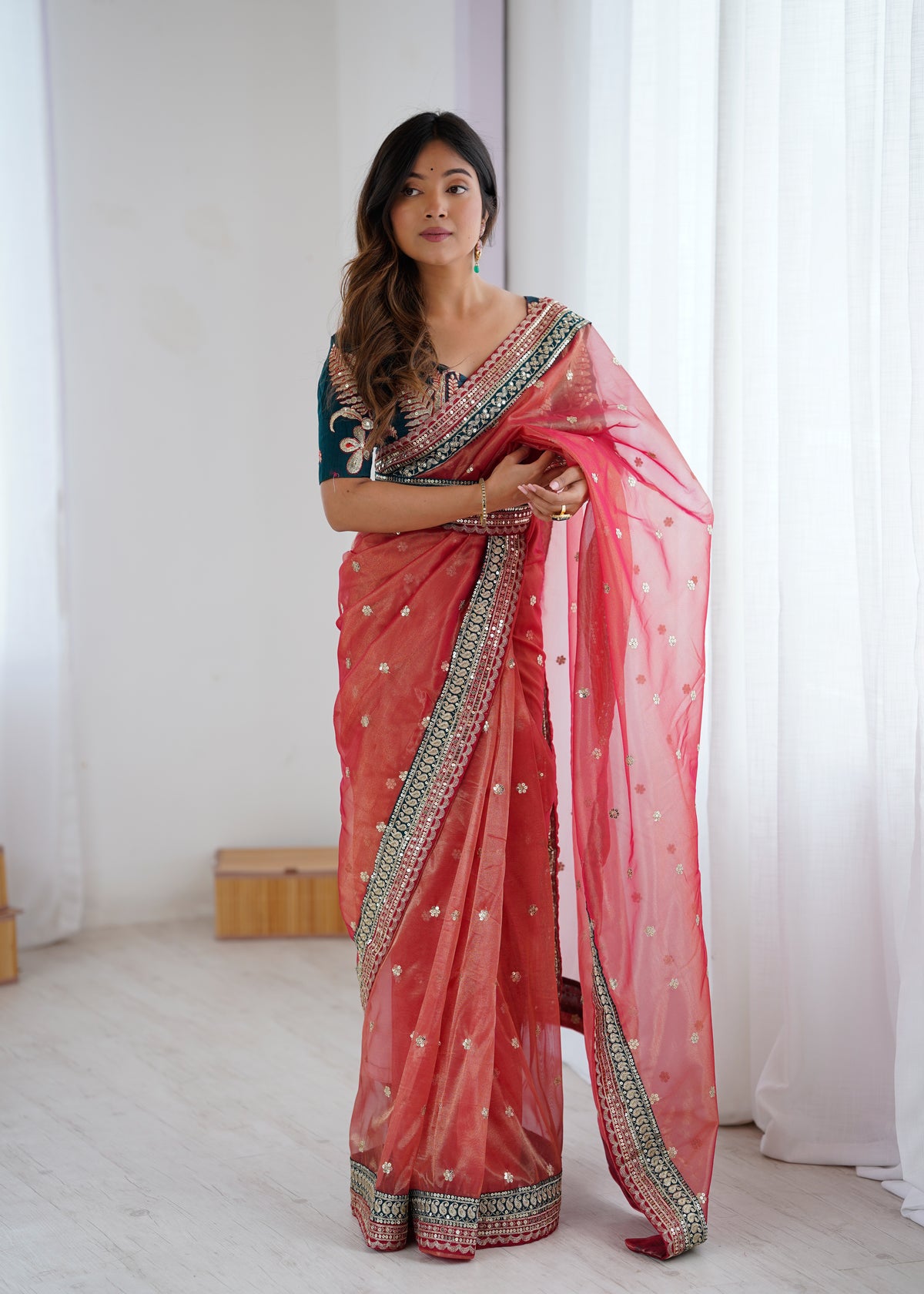 Gorgeous Function Wear Pure Net Thread n Sequence Work Designer Saree With Unstitched Blouse