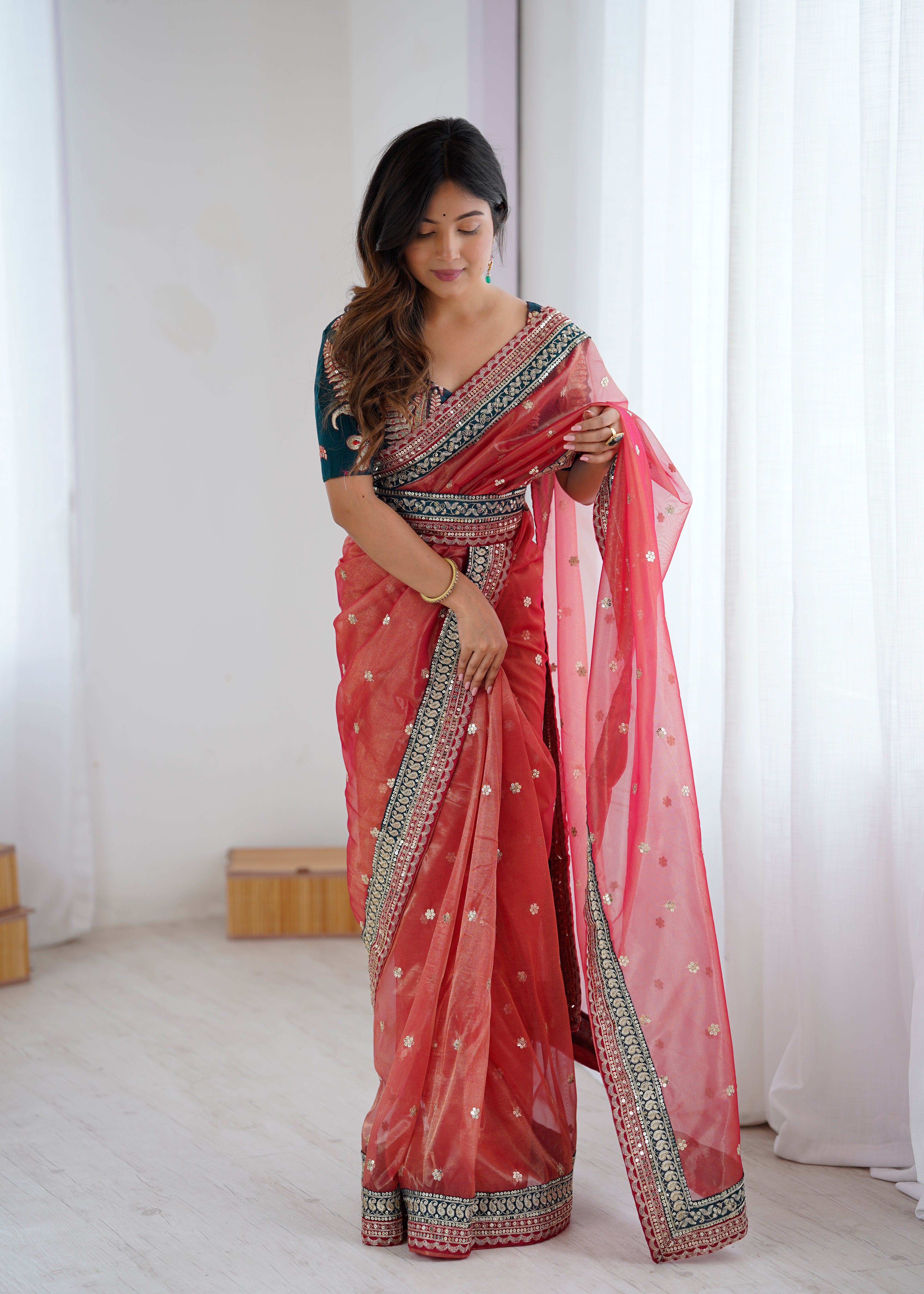 Gorgeous Function Wear Pure Net Thread n Sequence Work Designer Saree With Unstitched Blouse