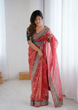 Load image into Gallery viewer, Gorgeous Function Wear Pure Net Thread n Sequence Work Designer Saree With Unstitched Blouse
