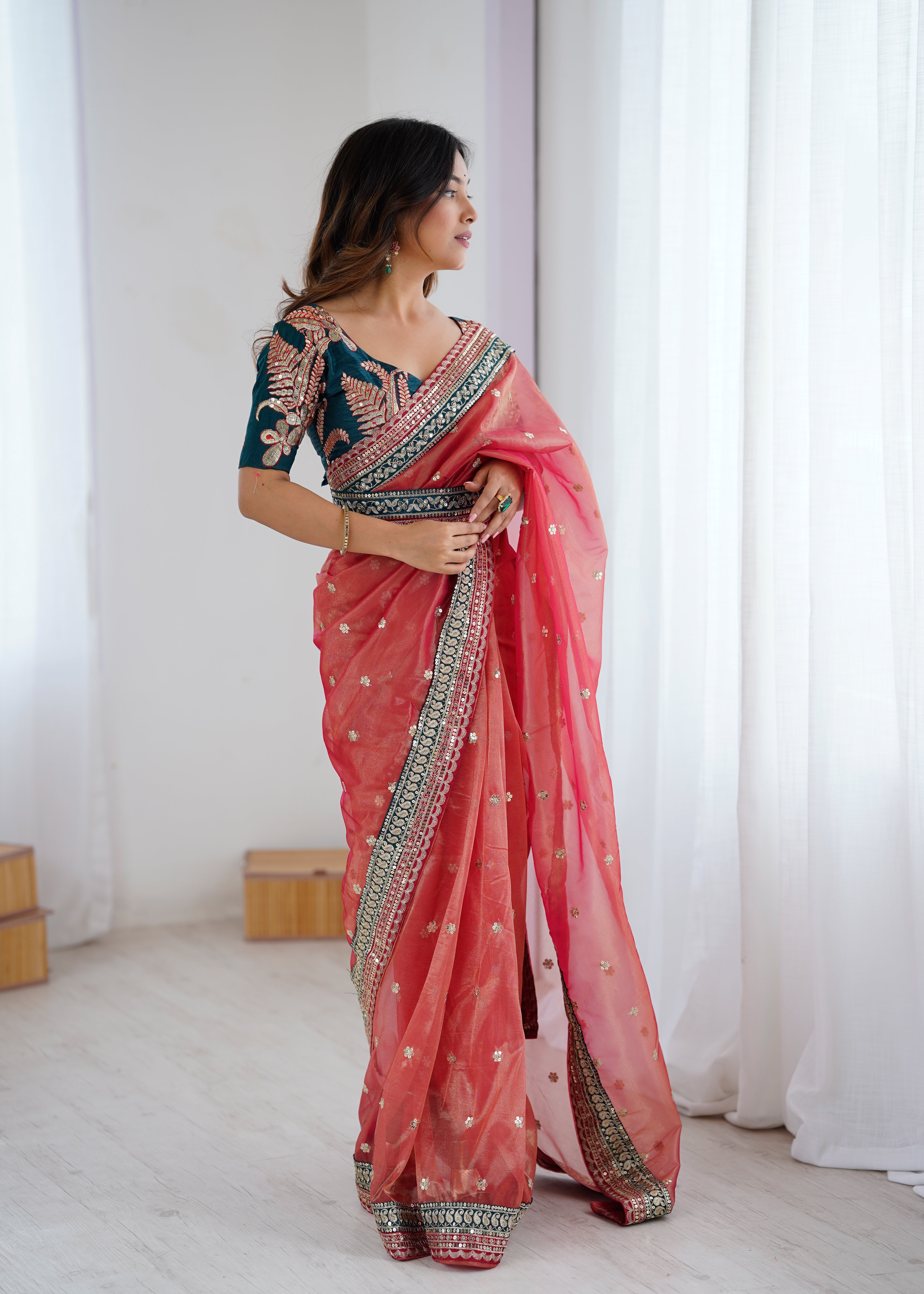 Gorgeous Function Wear Pure Net Thread n Sequence Work Designer Saree With Unstitched Blouse