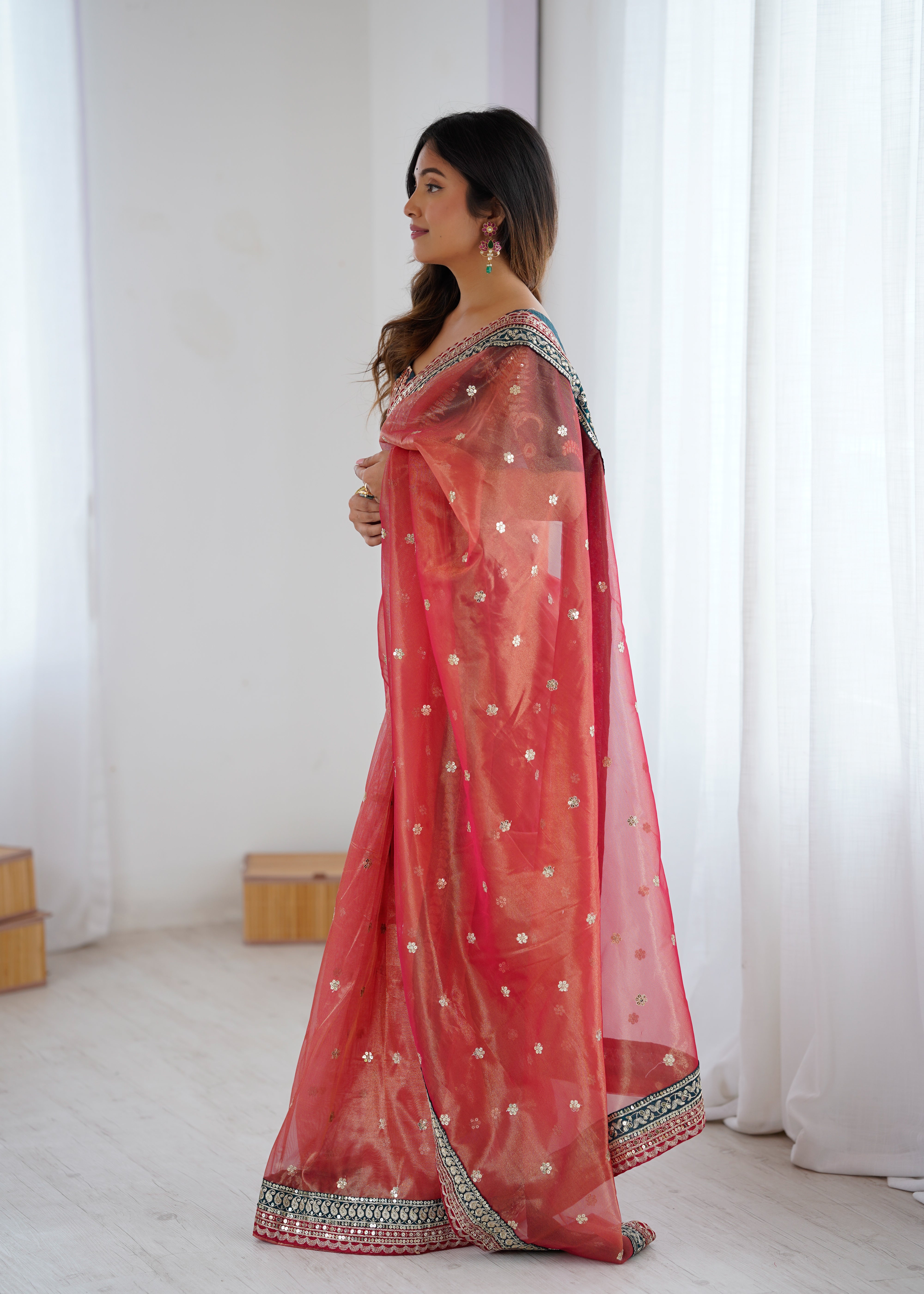 Gorgeous Function Wear Pure Net Thread n Sequence Work Designer Saree With Unstitched Blouse