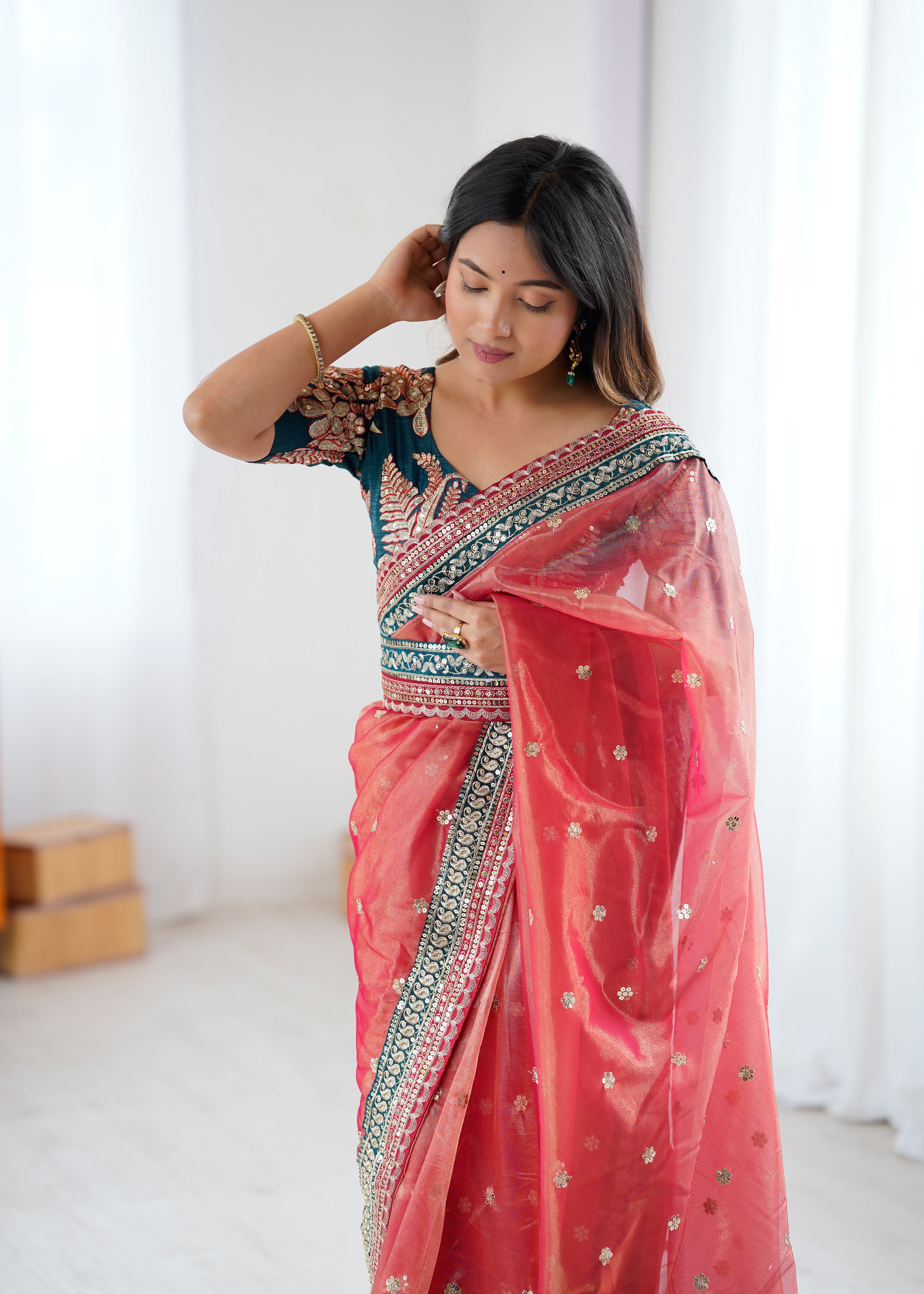 Gorgeous Function Wear Pure Net Thread n Sequence Work Designer Saree With Unstitched Blouse