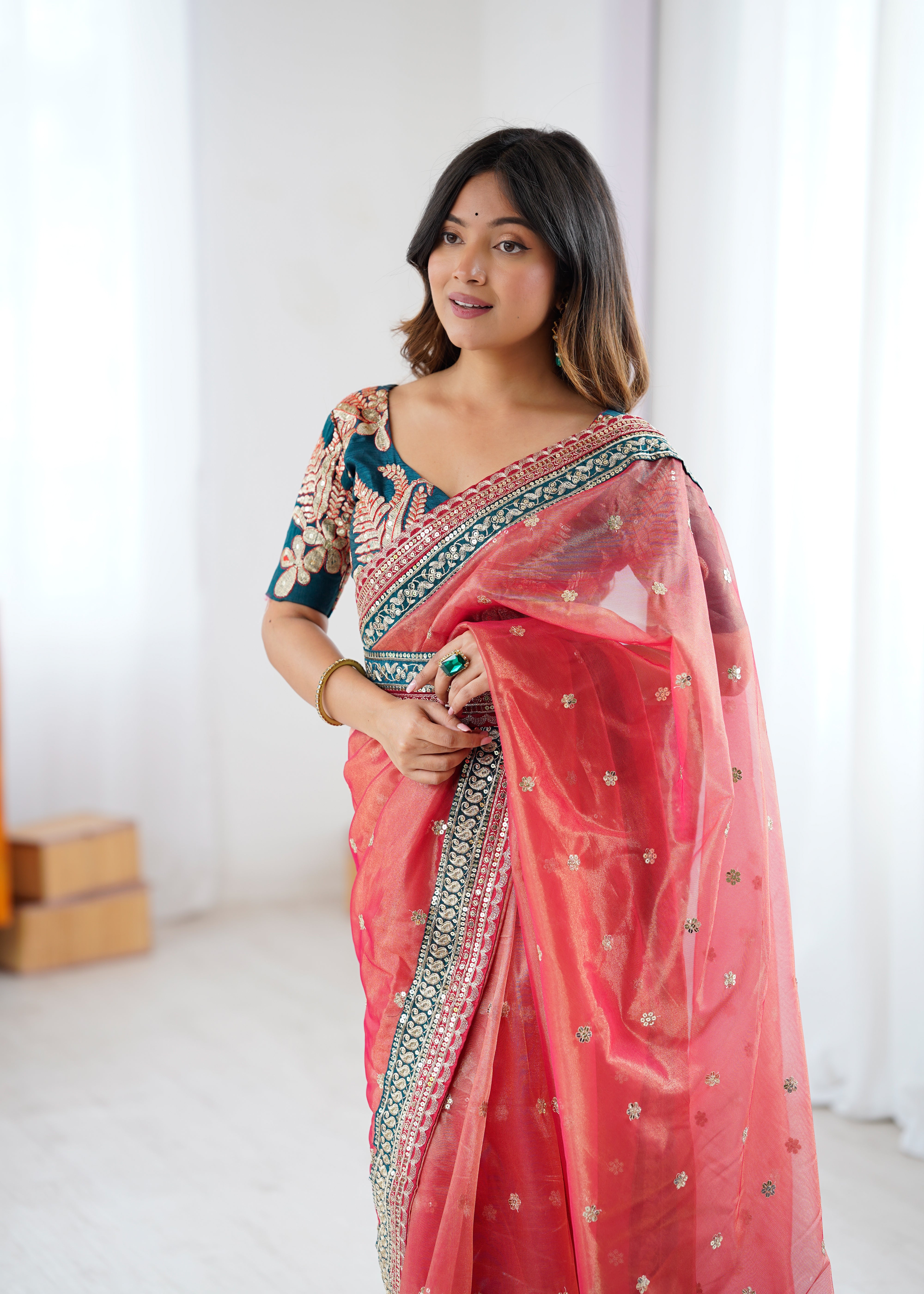 Gorgeous Function Wear Pure Net Thread n Sequence Work Designer Saree With Unstitched Blouse
