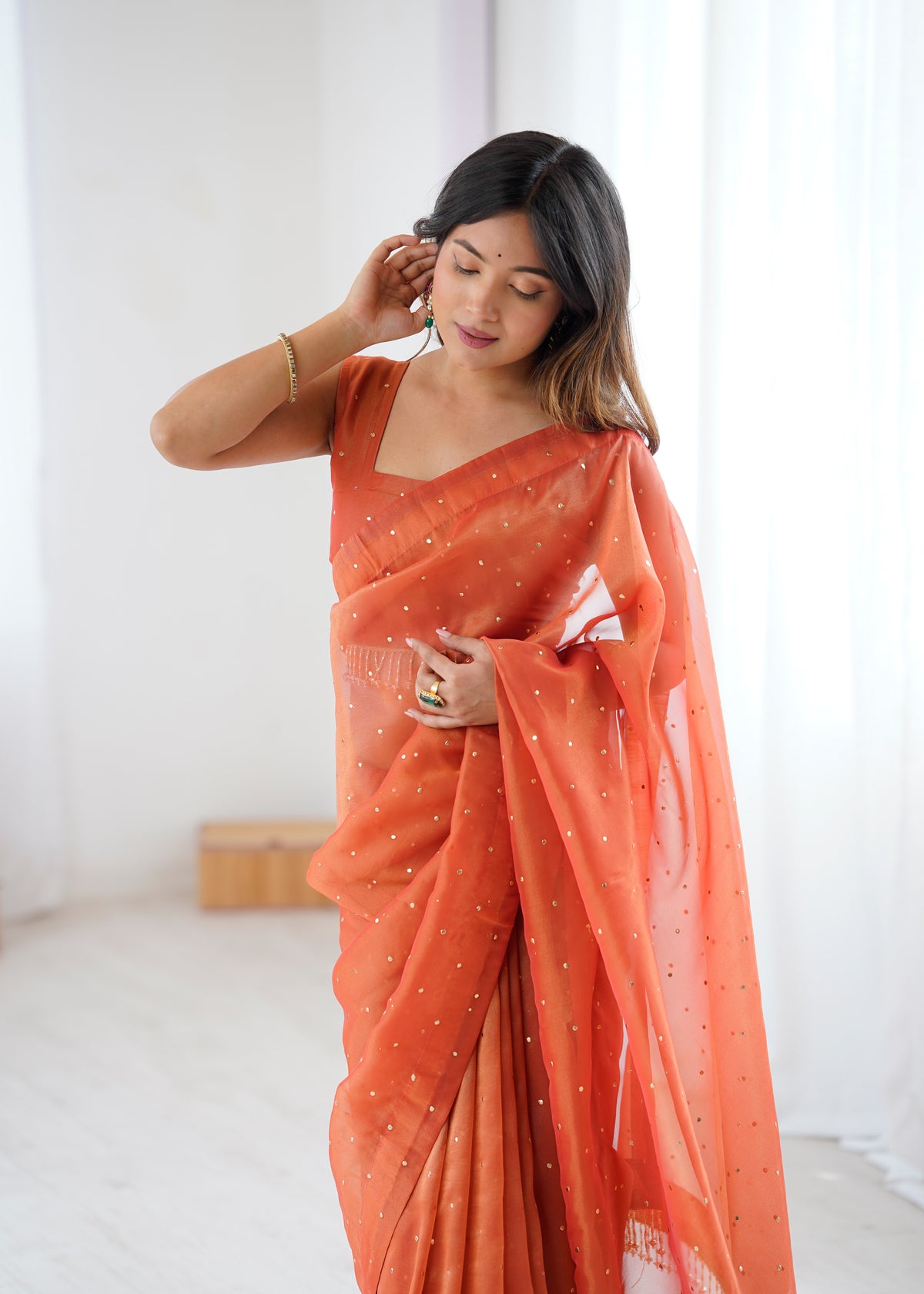 Effervescent Party Wear Tissue Silk Stone Work Designer Saree With Matching Unstitched Blouse