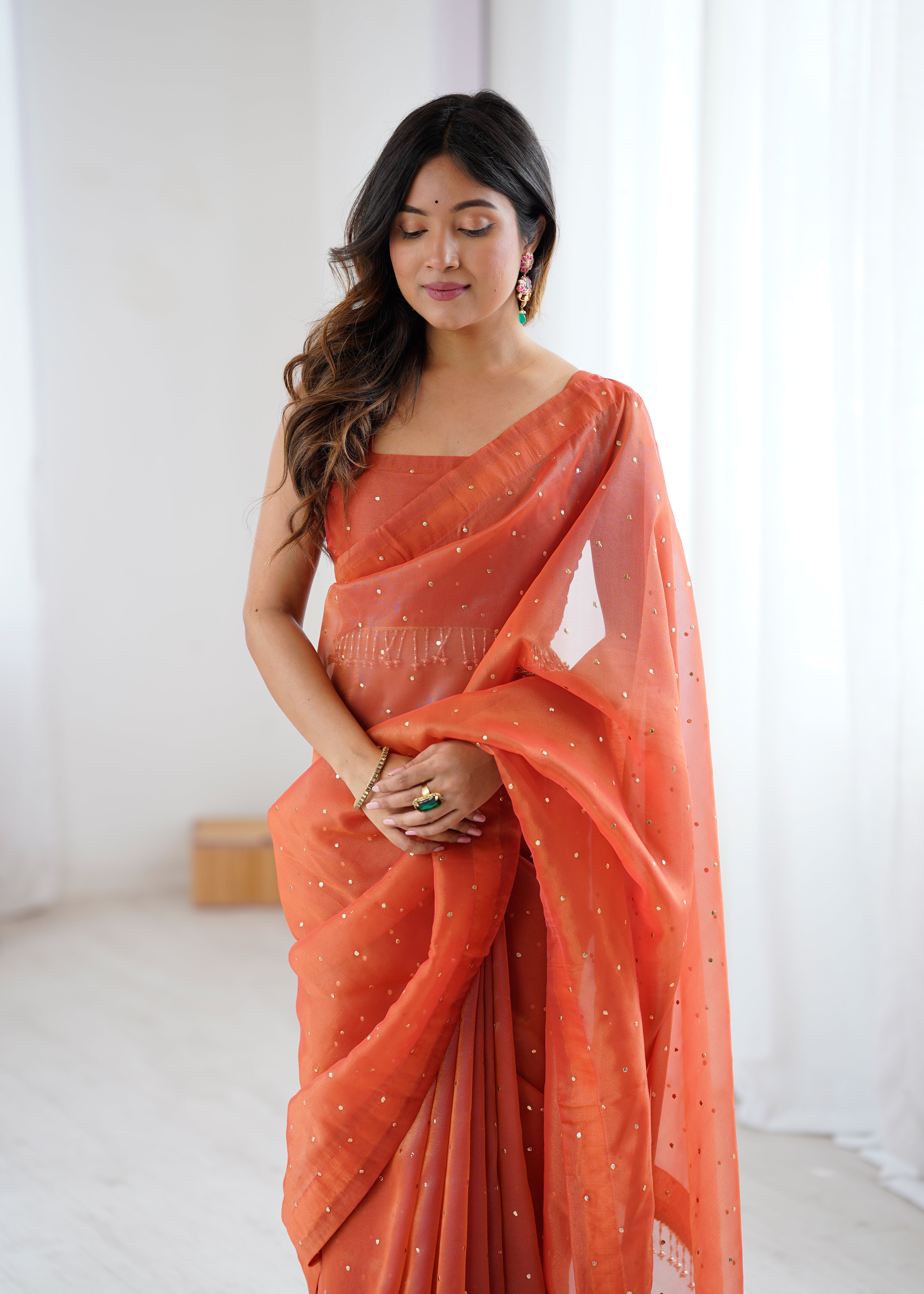 Effervescent Party Wear Tissue Silk Stone Work Designer Saree With Matching Unstitched Blouse