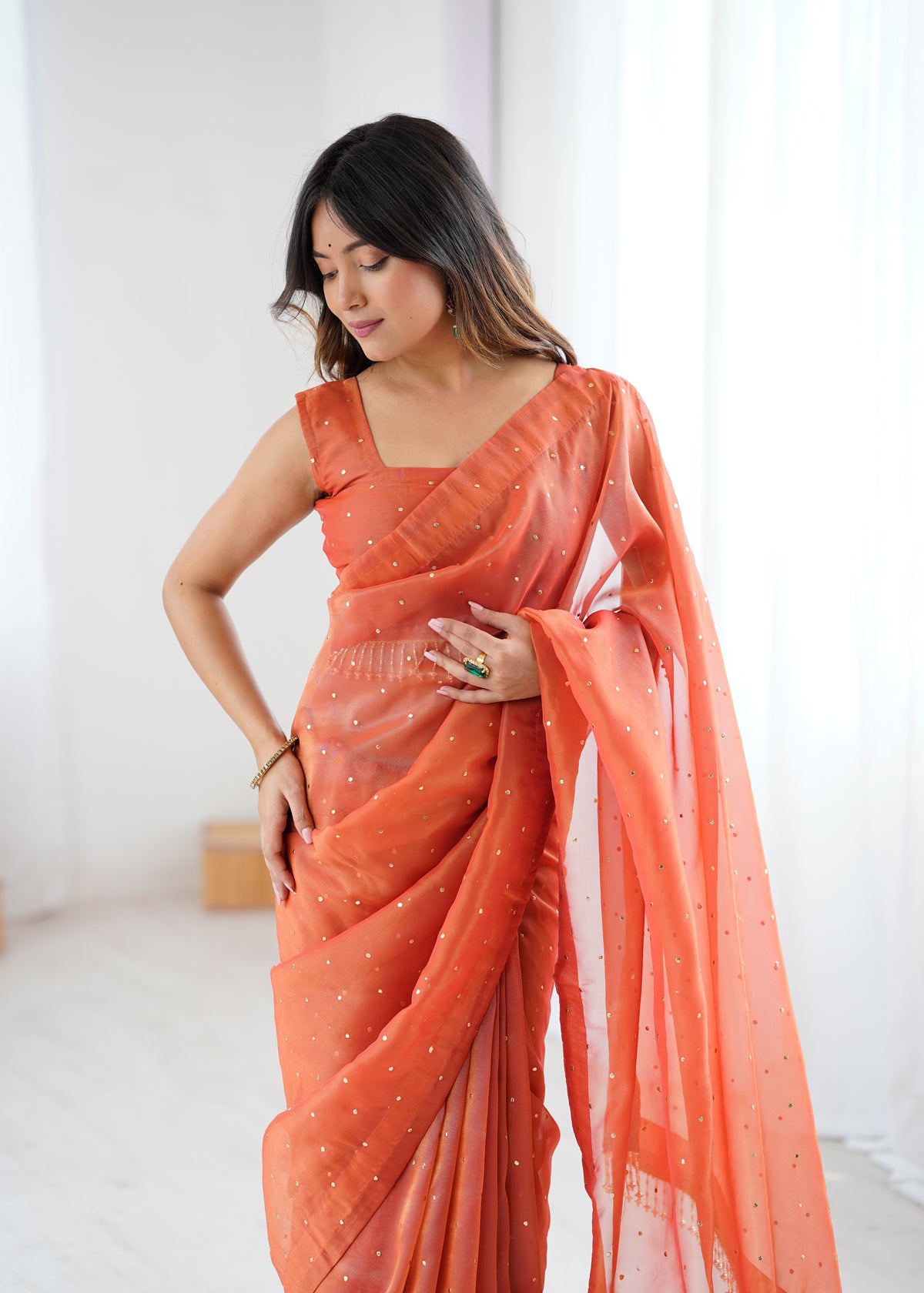 Effervescent Party Wear Tissue Silk Stone Work Designer Saree With Matching Unstitched Blouse