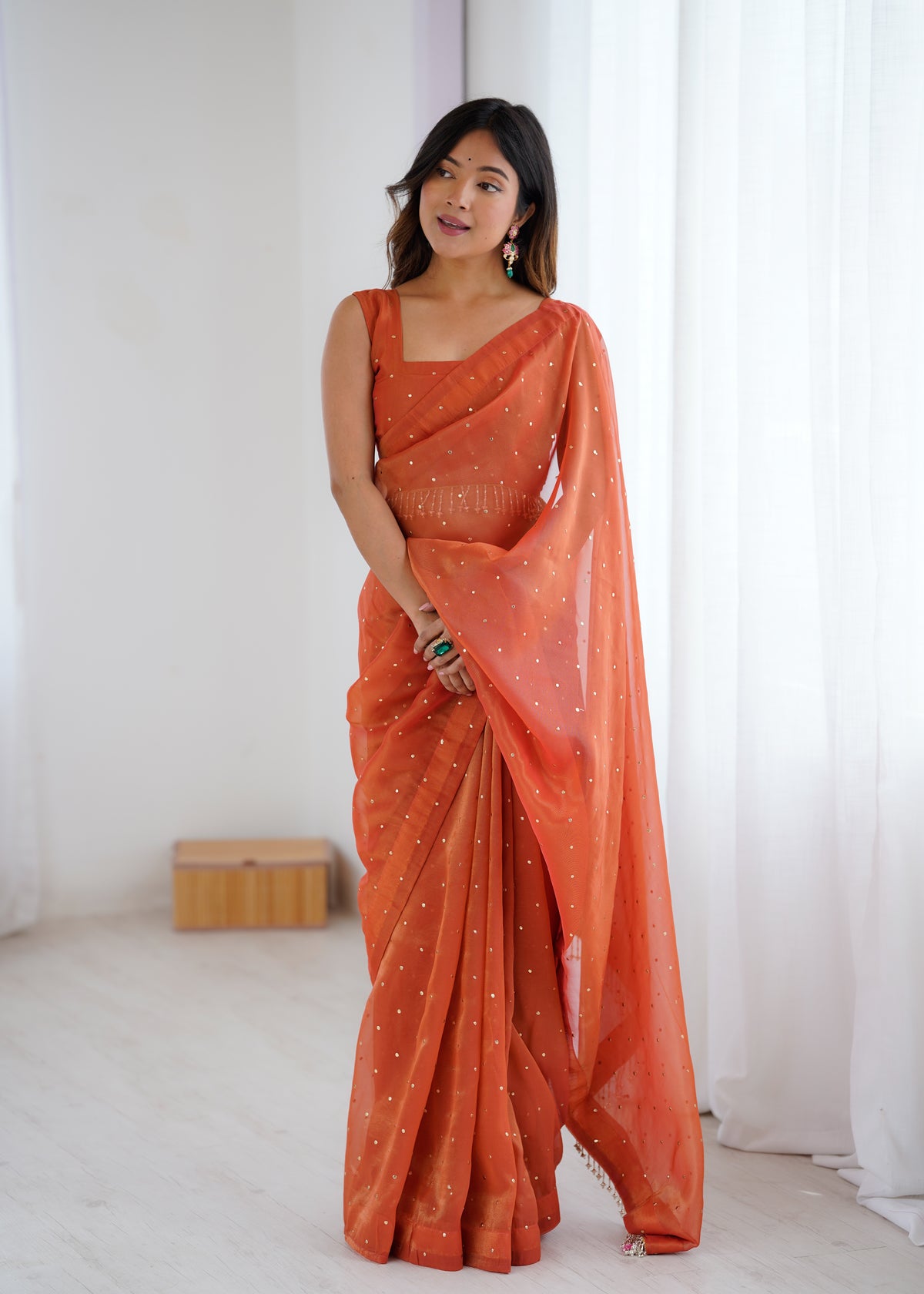 Effervescent Party Wear Tissue Silk Stone Work Designer Saree With Matching Unstitched Blouse