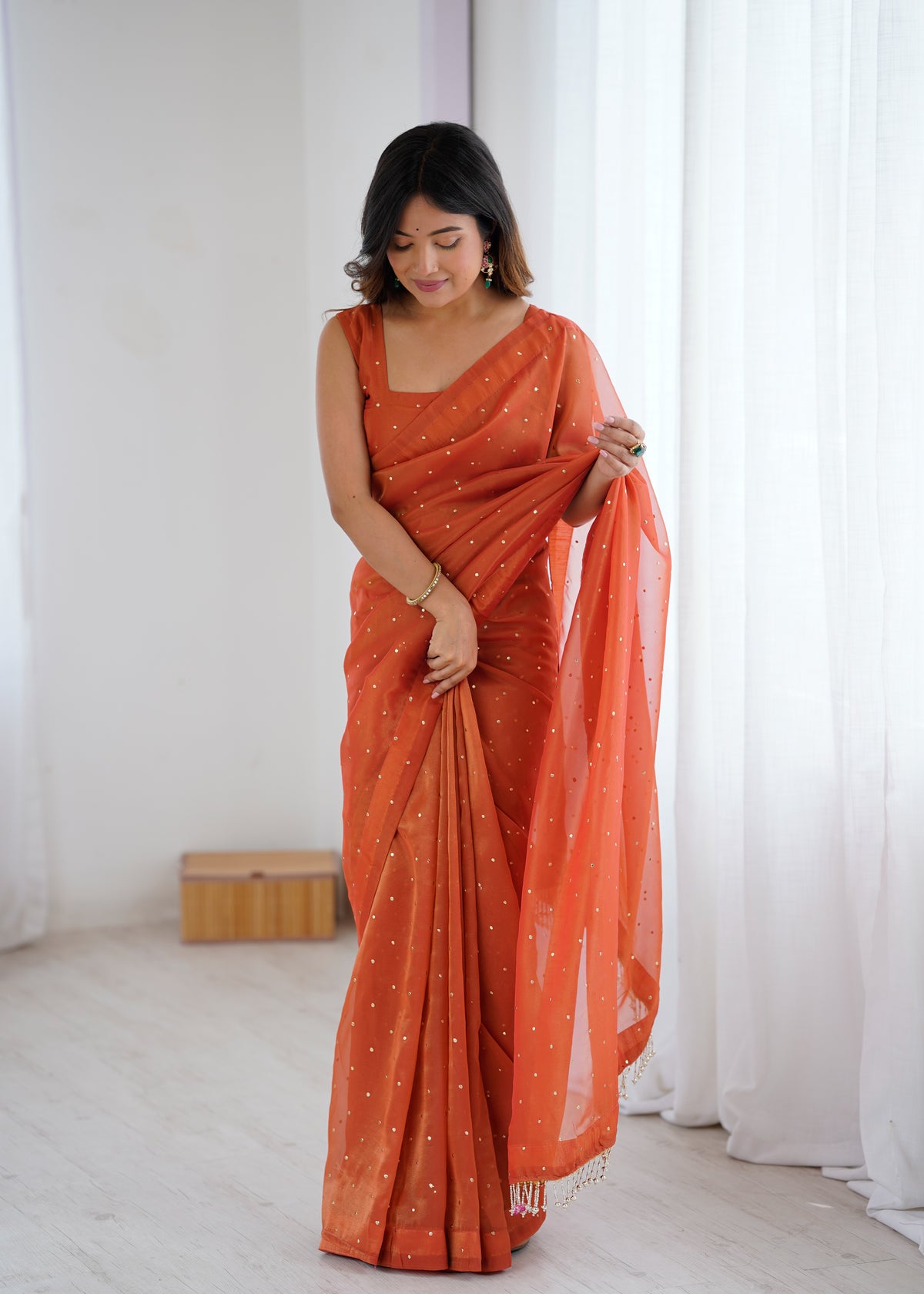Effervescent Party Wear Tissue Silk Stone Work Designer Saree With Matching Unstitched Blouse