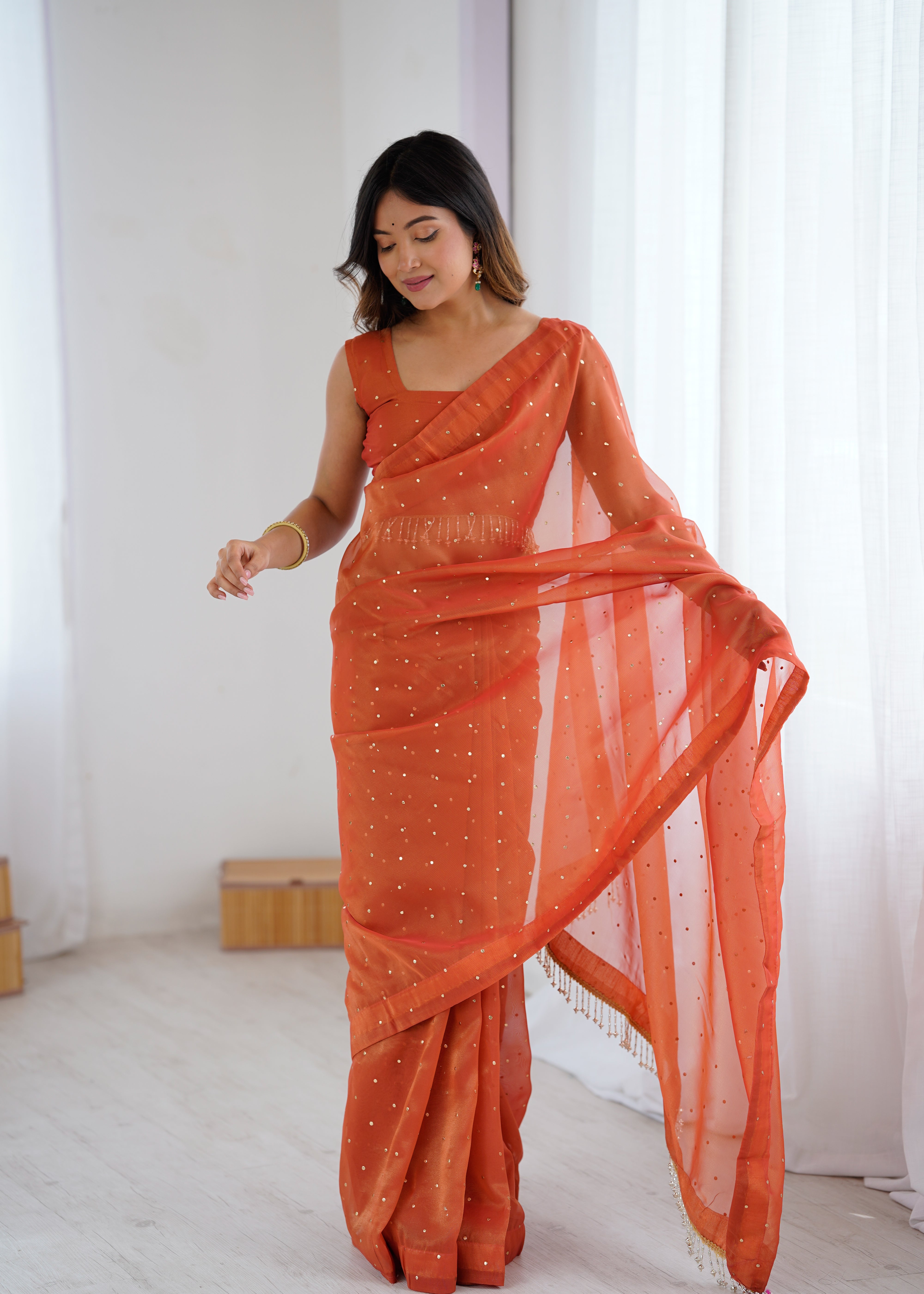 Effervescent Party Wear Tissue Silk Stone Work Designer Saree With Matching Unstitched Blouse