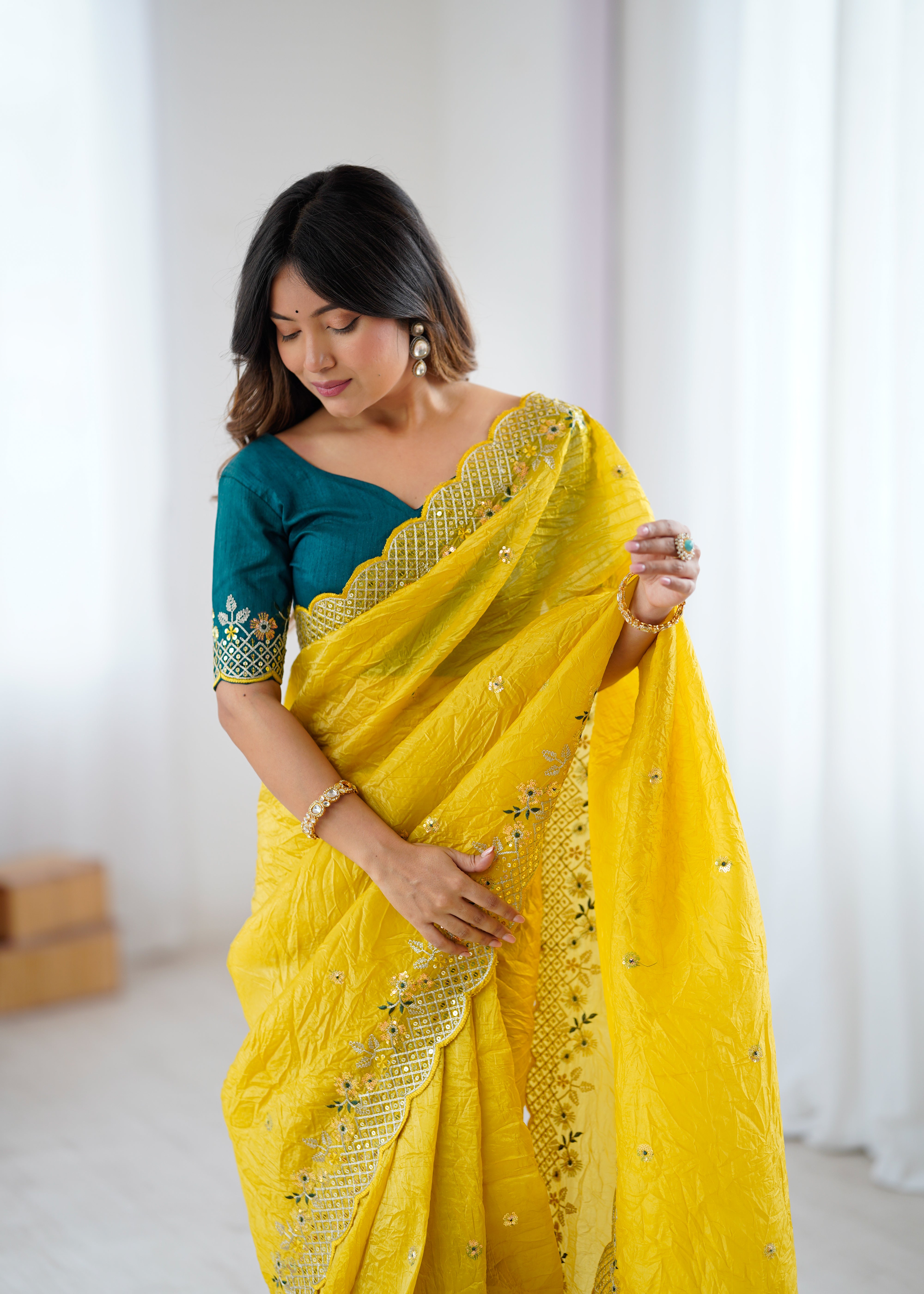 Impressive Festive Wear Crunchy Silk Thread n Sequence Work Designer Saree With Contrast Unstitched Blouse