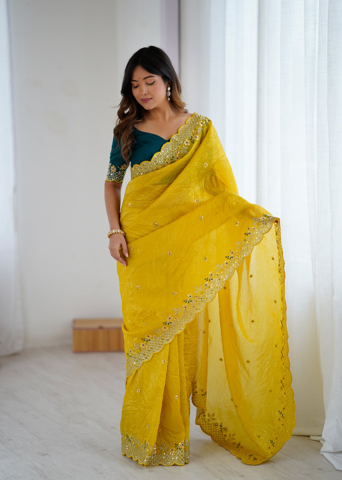 Impressive Festive Wear Crunchy Silk Thread n Sequence Work Designer Saree With Contrast Unstitched Blouse