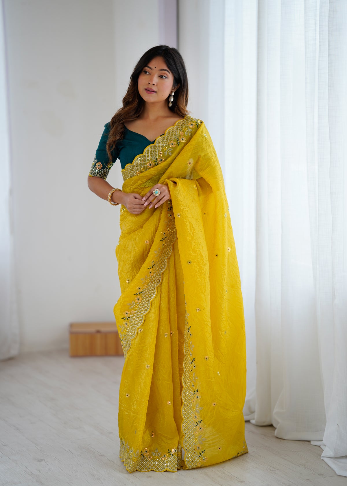 Impressive Festive Wear Crunchy Silk Thread n Sequence Work Designer Saree With Contrast Unstitched Blouse