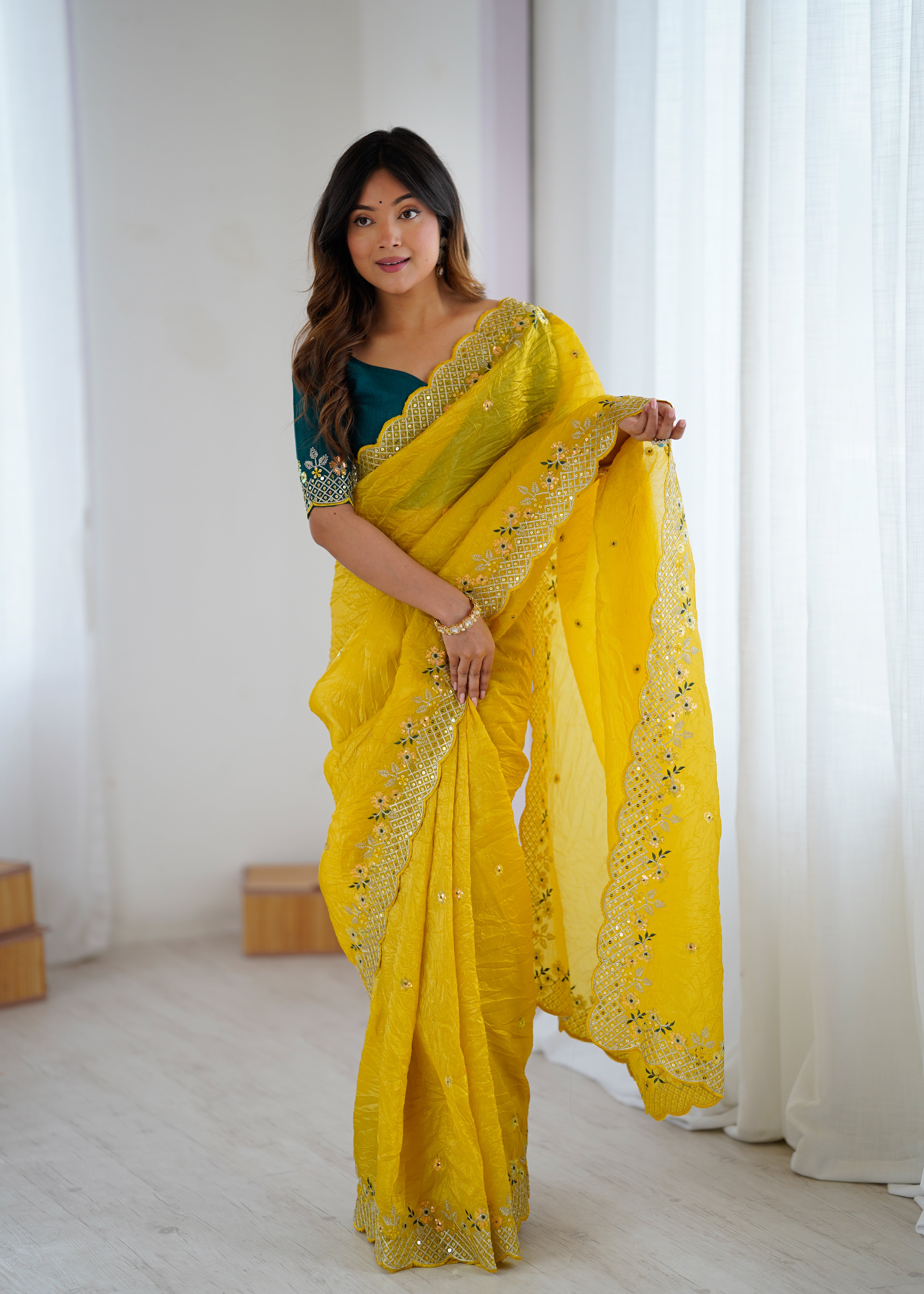 Impressive Festive Wear Crunchy Silk Thread n Sequence Work Designer Saree With Contrast Unstitched Blouse
