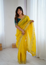 Load image into Gallery viewer, Impressive Festive Wear Crunchy Silk Thread n Sequence Work Designer Saree With Contrast Unstitched Blouse
