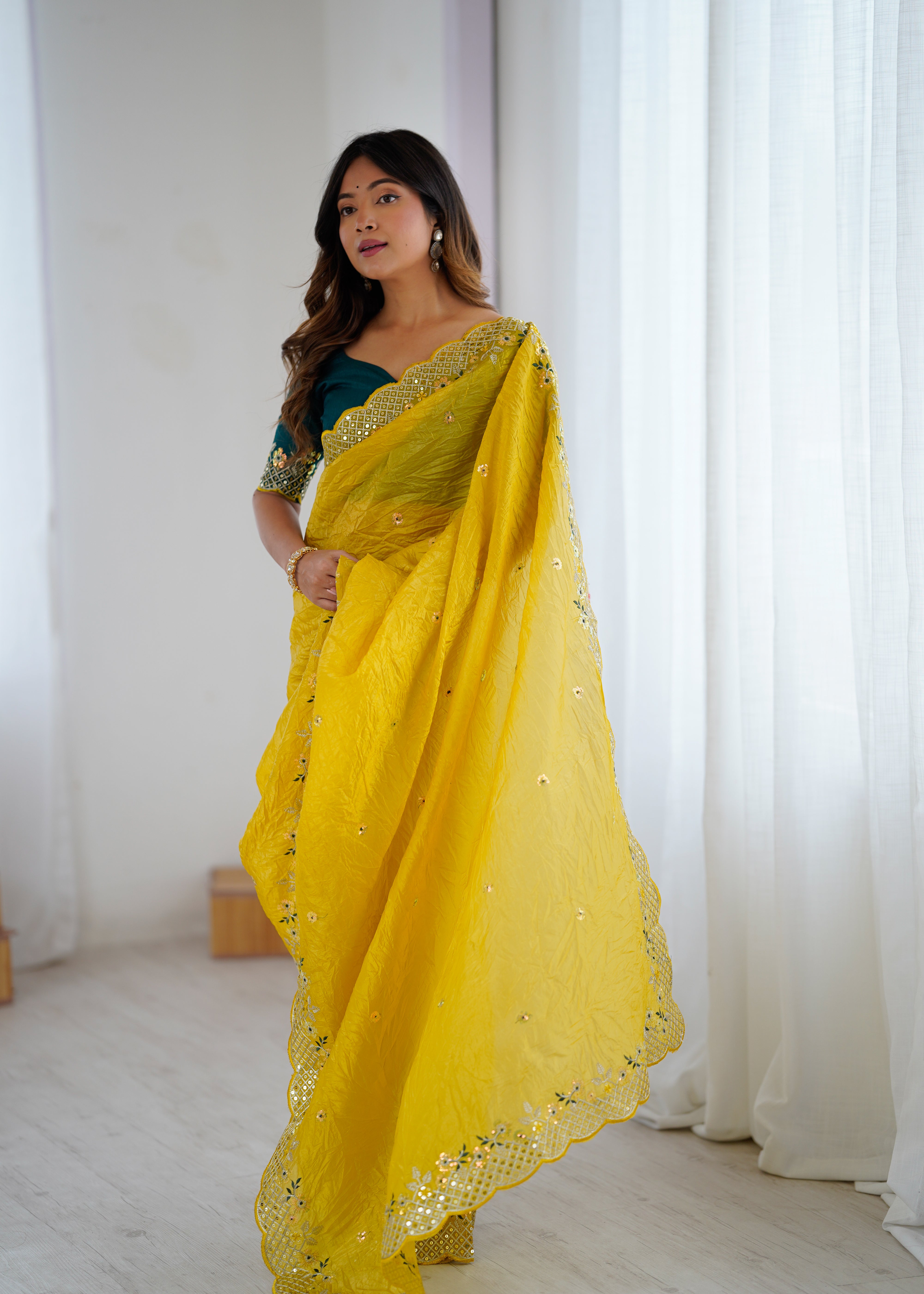 Impressive Festive Wear Crunchy Silk Thread n Sequence Work Designer Saree With Contrast Unstitched Blouse