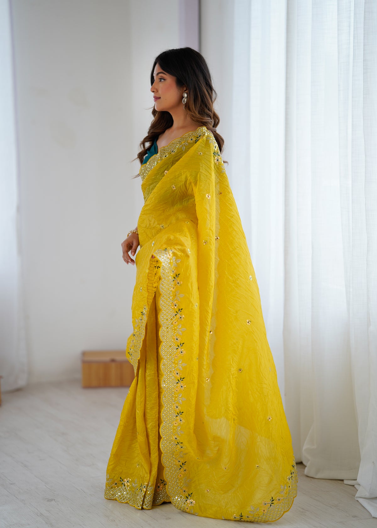 Impressive Festive Wear Crunchy Silk Thread n Sequence Work Designer Saree With Contrast Unstitched Blouse
