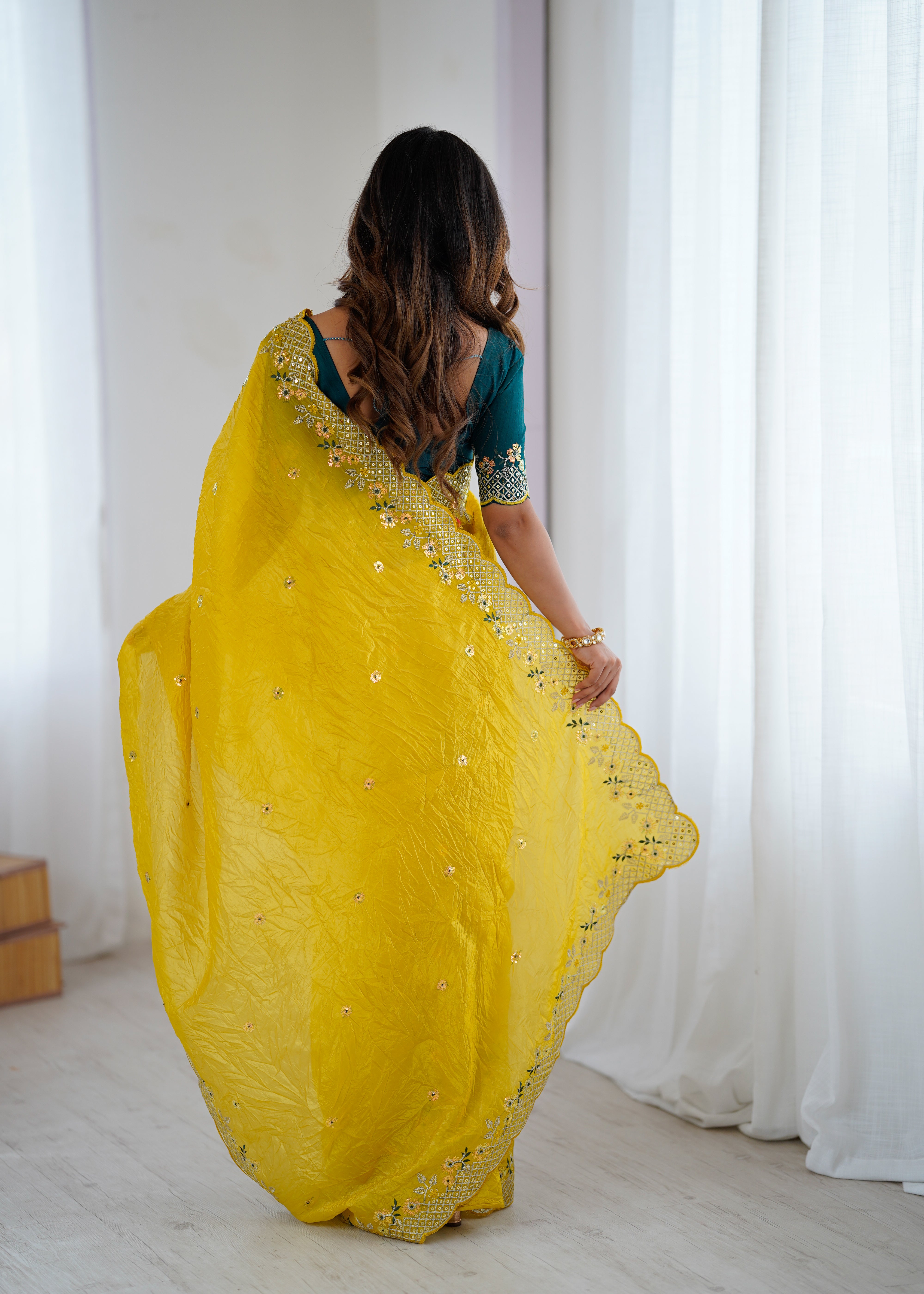 Impressive Festive Wear Crunchy Silk Thread n Sequence Work Designer Saree With Contrast Unstitched Blouse