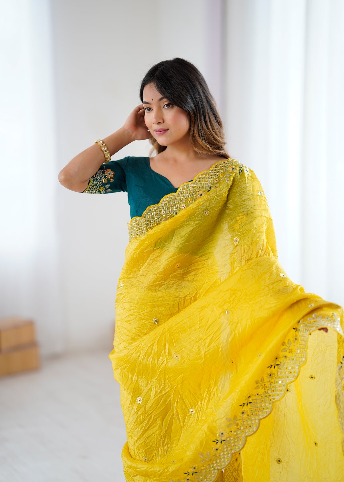 Impressive Festive Wear Crunchy Silk Thread n Sequence Work Designer Saree With Contrast Unstitched Blouse