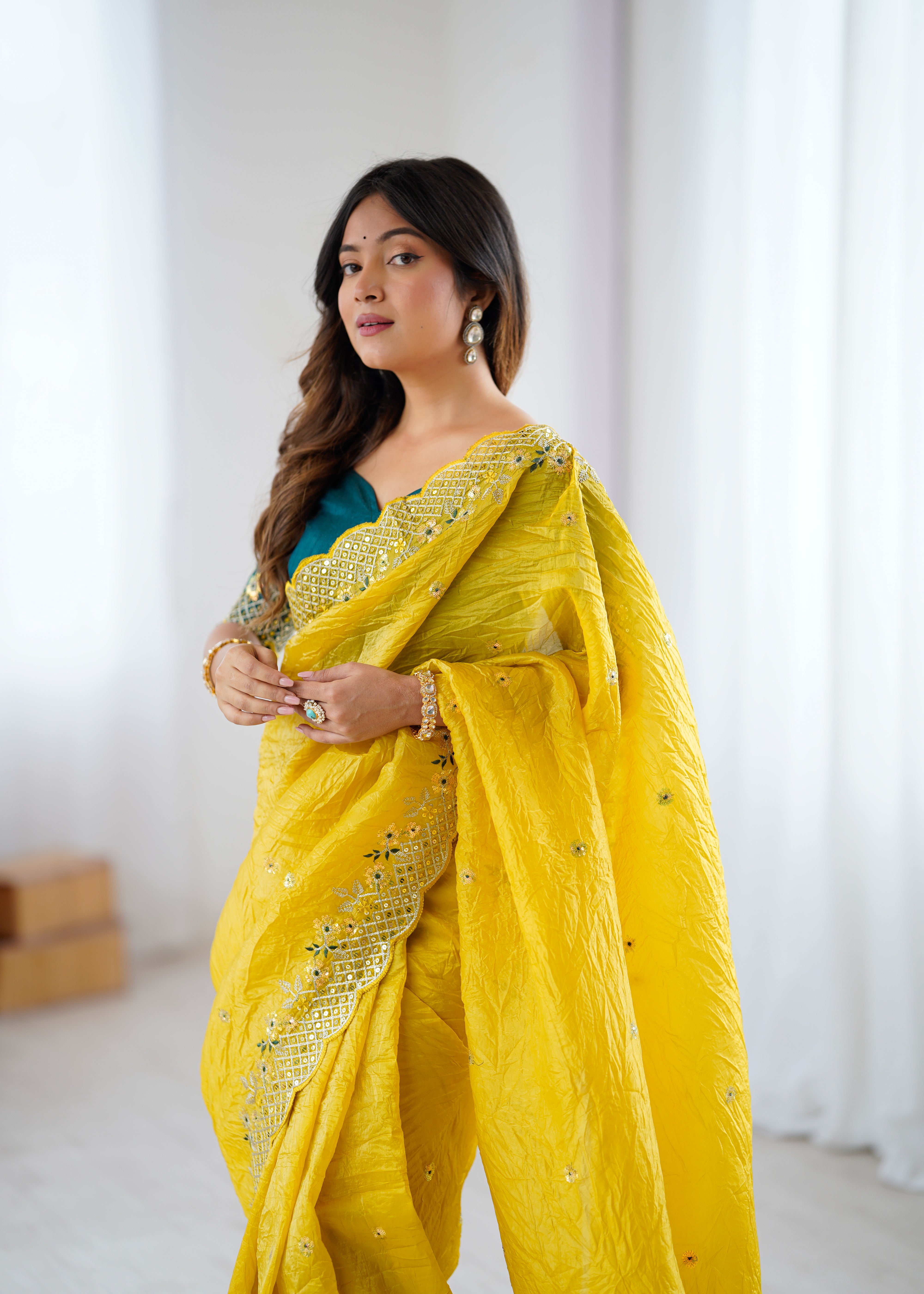 Impressive Festive Wear Crunchy Silk Thread n Sequence Work Designer Saree With Contrast Unstitched Blouse