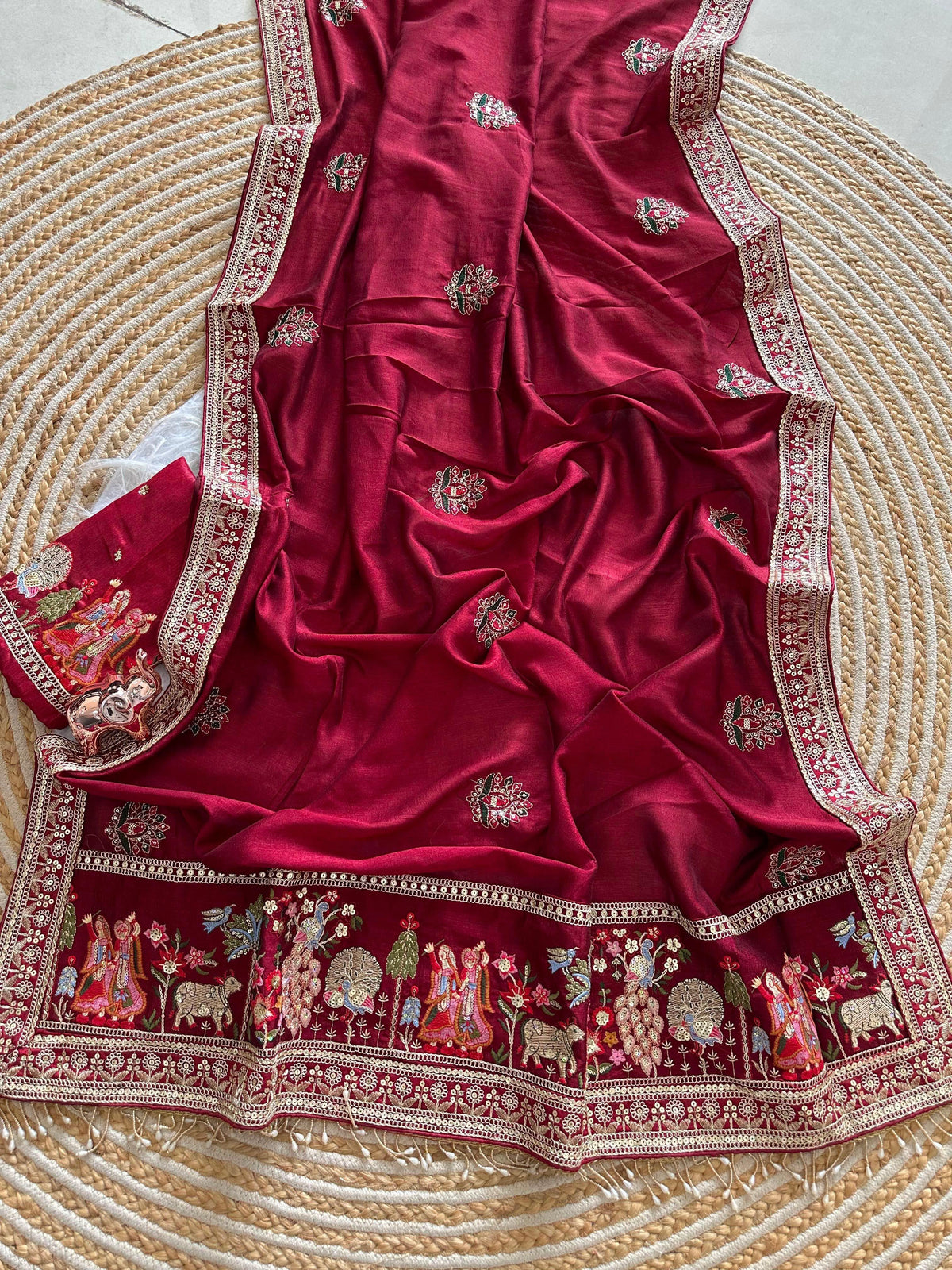 Glamorous Party Wear Pure Vichitra Silk Embroidery n Butta Work Lace Border Designer Saree For Women