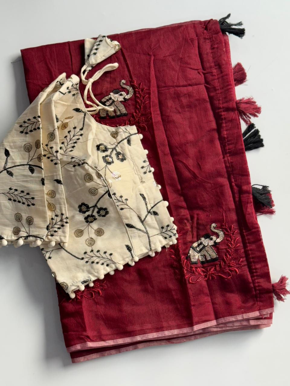Mellifluous Function Wear Chanderi Cotton Embroidery n Tussels Work Fancy Designer Saree With Stitched Blouse