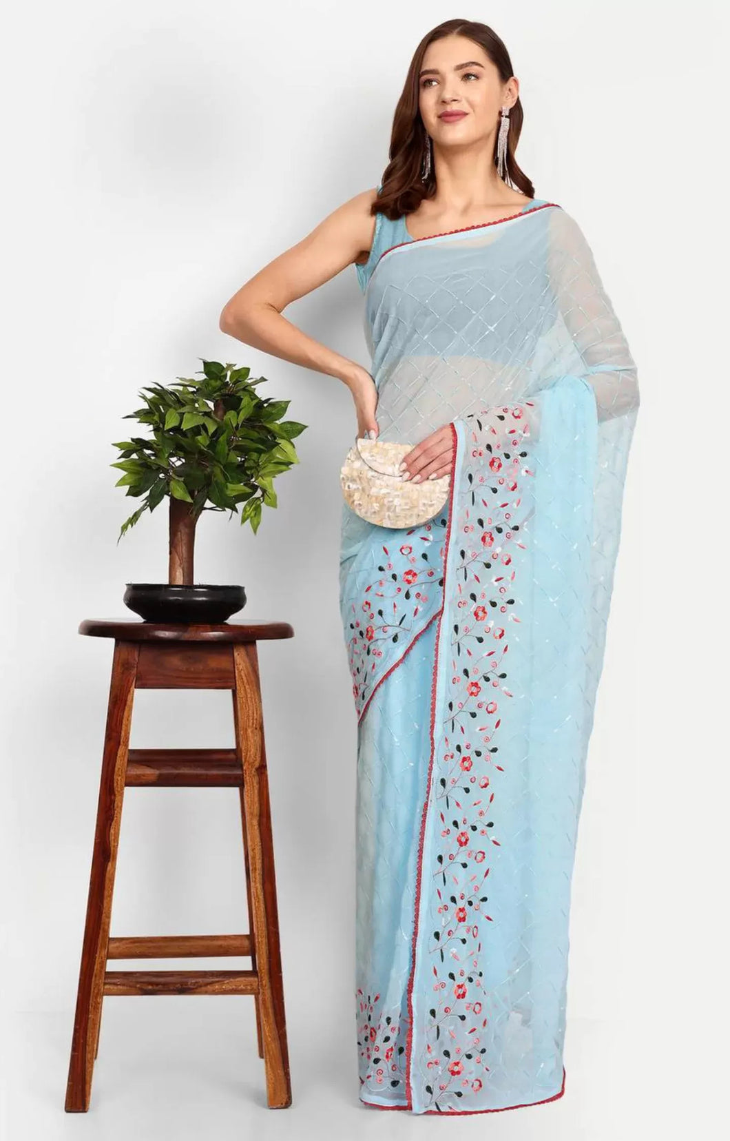 Party Wear Sky Blue Color Chiffon Embroidery n Sequence Work Fancy Designer Saree