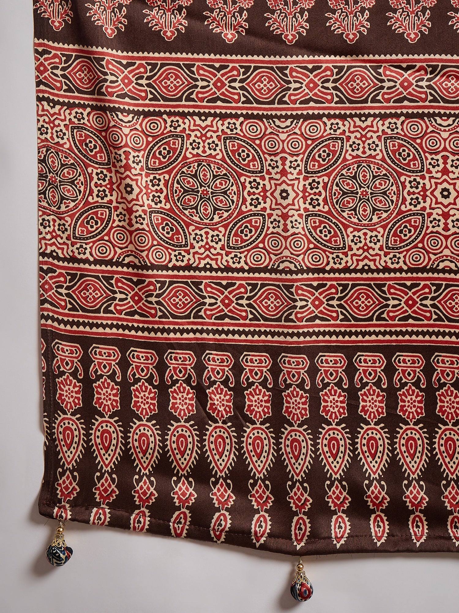 Captivating Party Wear Satin Silk Ajrak Print Rich Pallu Fancy Saree With Unstitched Blouse Piece