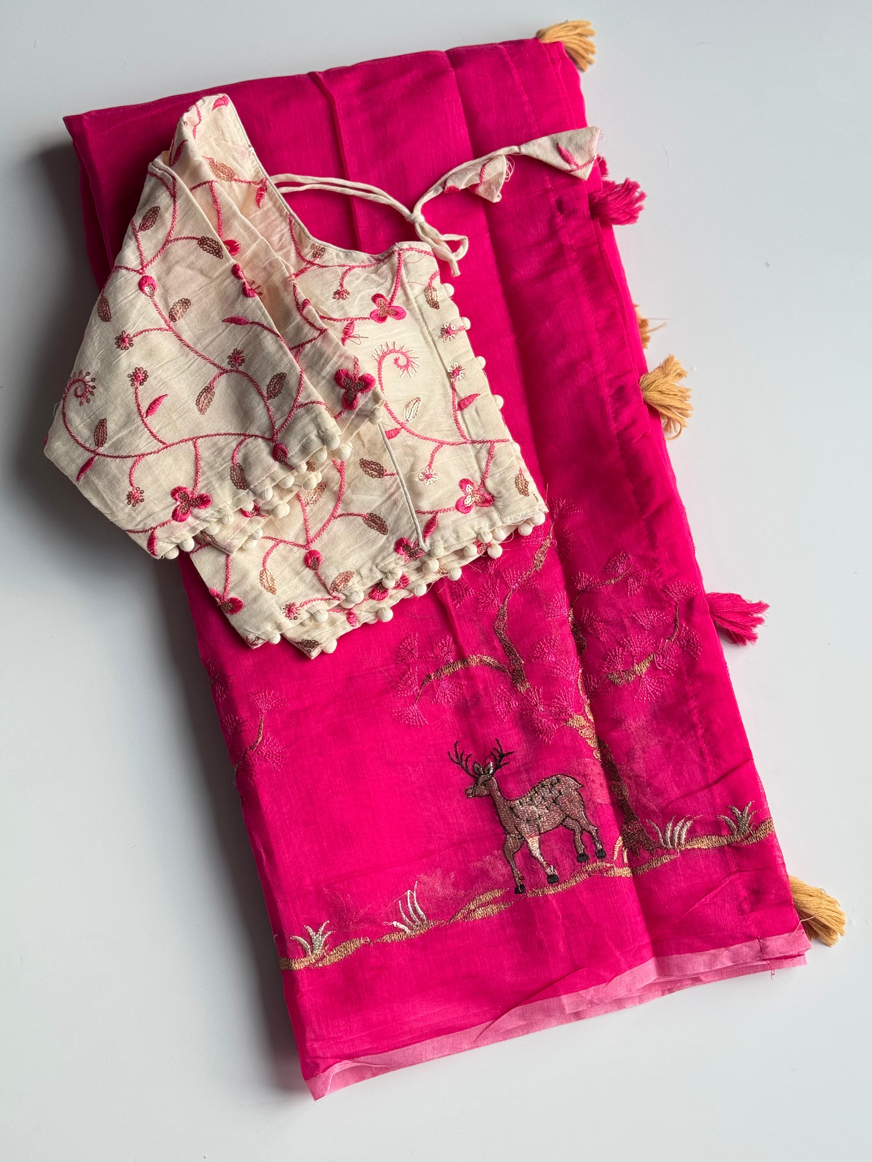 Exuberant Function Wear Chanderi Cotton Embroidery n Tussels Work Fancy Designer Saree With Stitched Blouse