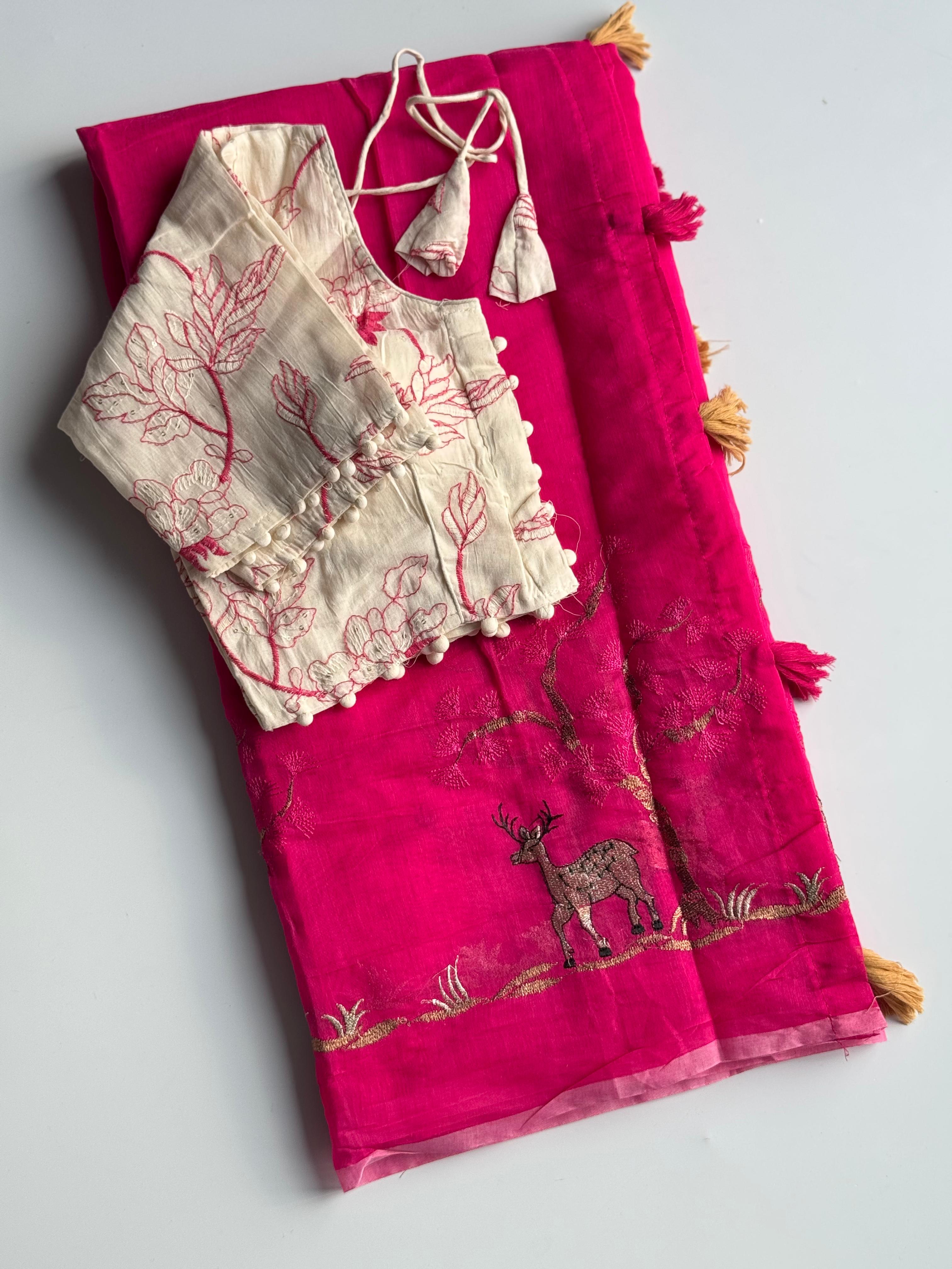 Exuberant Function Wear Chanderi Cotton Embroidery n Tussels Work Fancy Designer Saree With Stitched Blouse