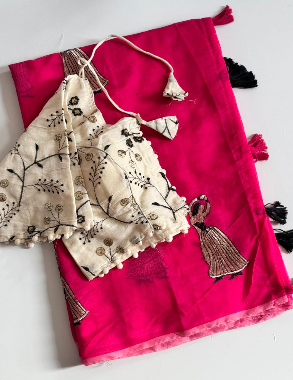 Scrupulous Function Wear Chanderi Cotton Embroidery n Tussels Work Fancy Designer Saree With Stitched Blouse