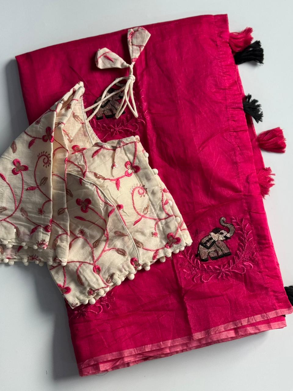 Mellifluous Function Wear Chanderi Cotton Embroidery n Tussels Work Fancy Designer Saree With Stitched Blouse