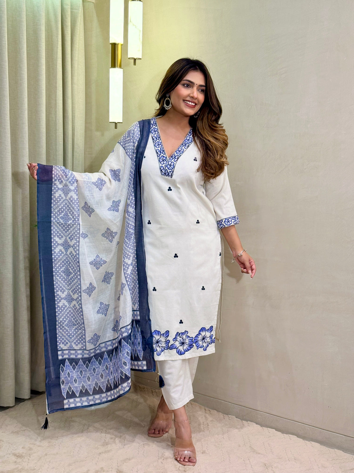 Scrupulous Festive Wear Cotton Embroidery Work Designer Straight Kurta With Trouser Dupatta Set
