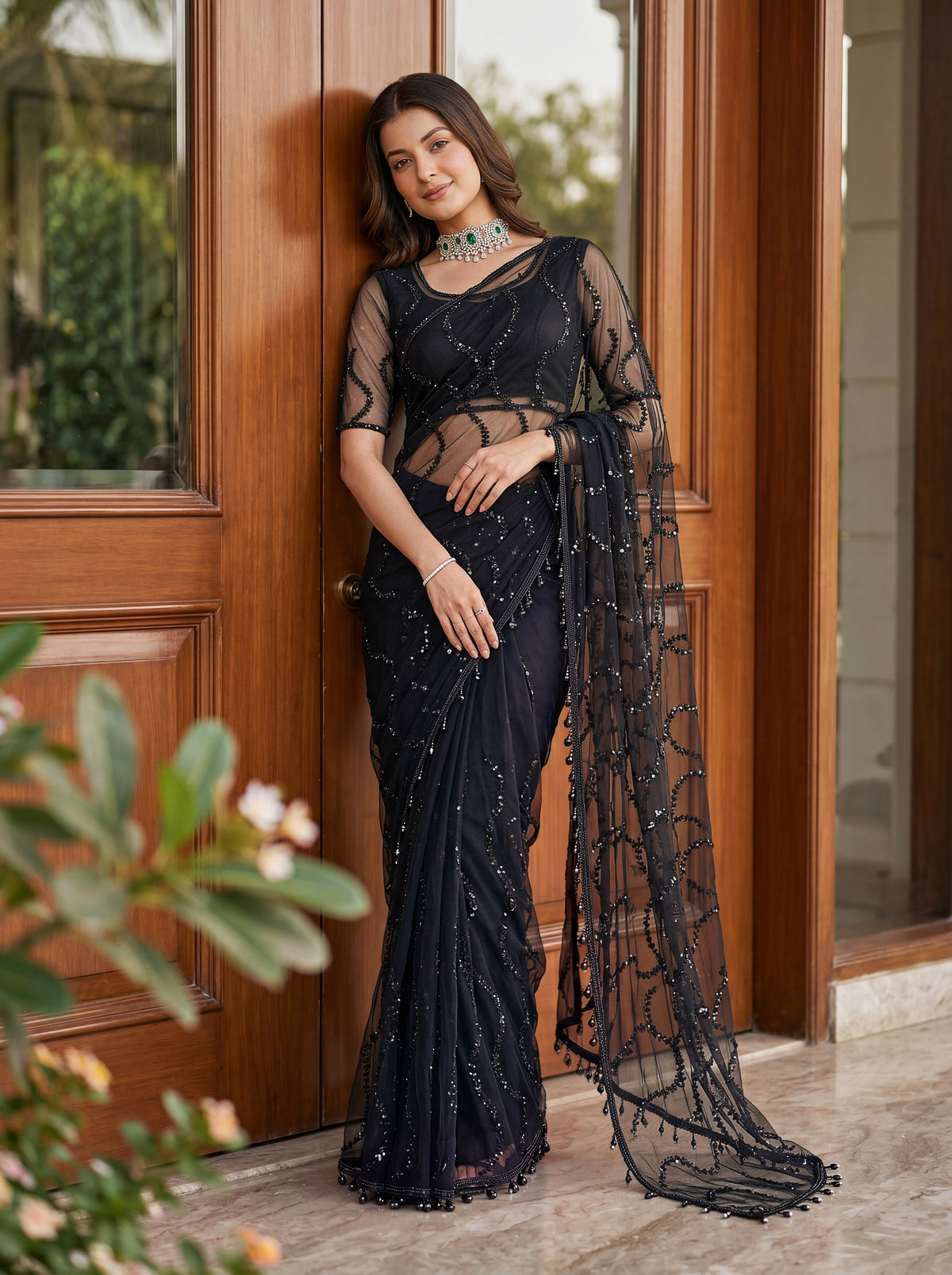 Charismatic Party Wear Net Sequence Beads n Handwork Moti lace Designer Saree With Blouse Piece
