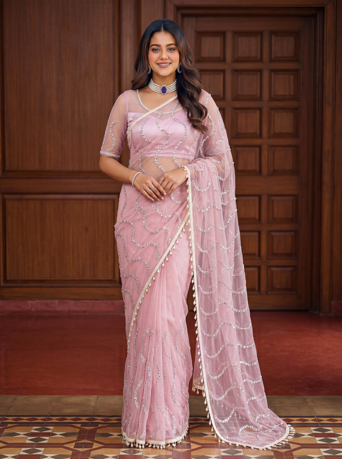 Charismatic Party Wear Net Sequence Beads n Handwork Moti lace Designer Saree With Blouse Piece