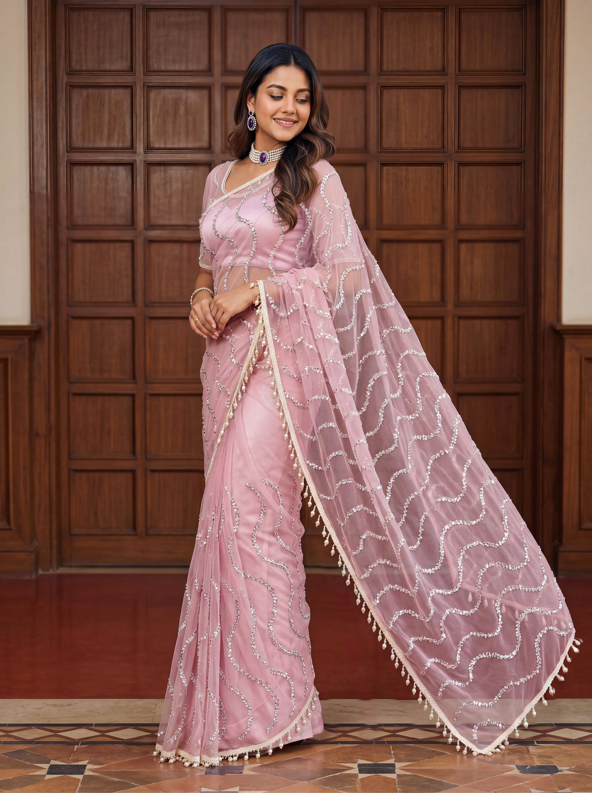 Charismatic Party Wear Net Sequence Beads n Handwork Moti lace Designer Saree With Blouse Piece