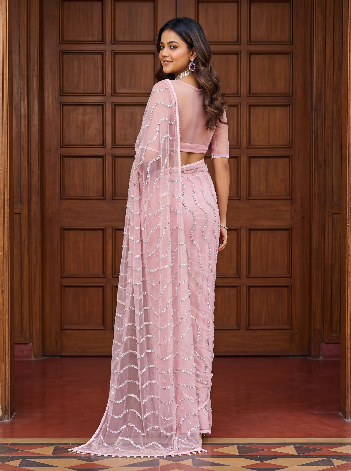 Charismatic Party Wear Net Sequence Beads n Handwork Moti lace Designer Saree With Blouse Piece