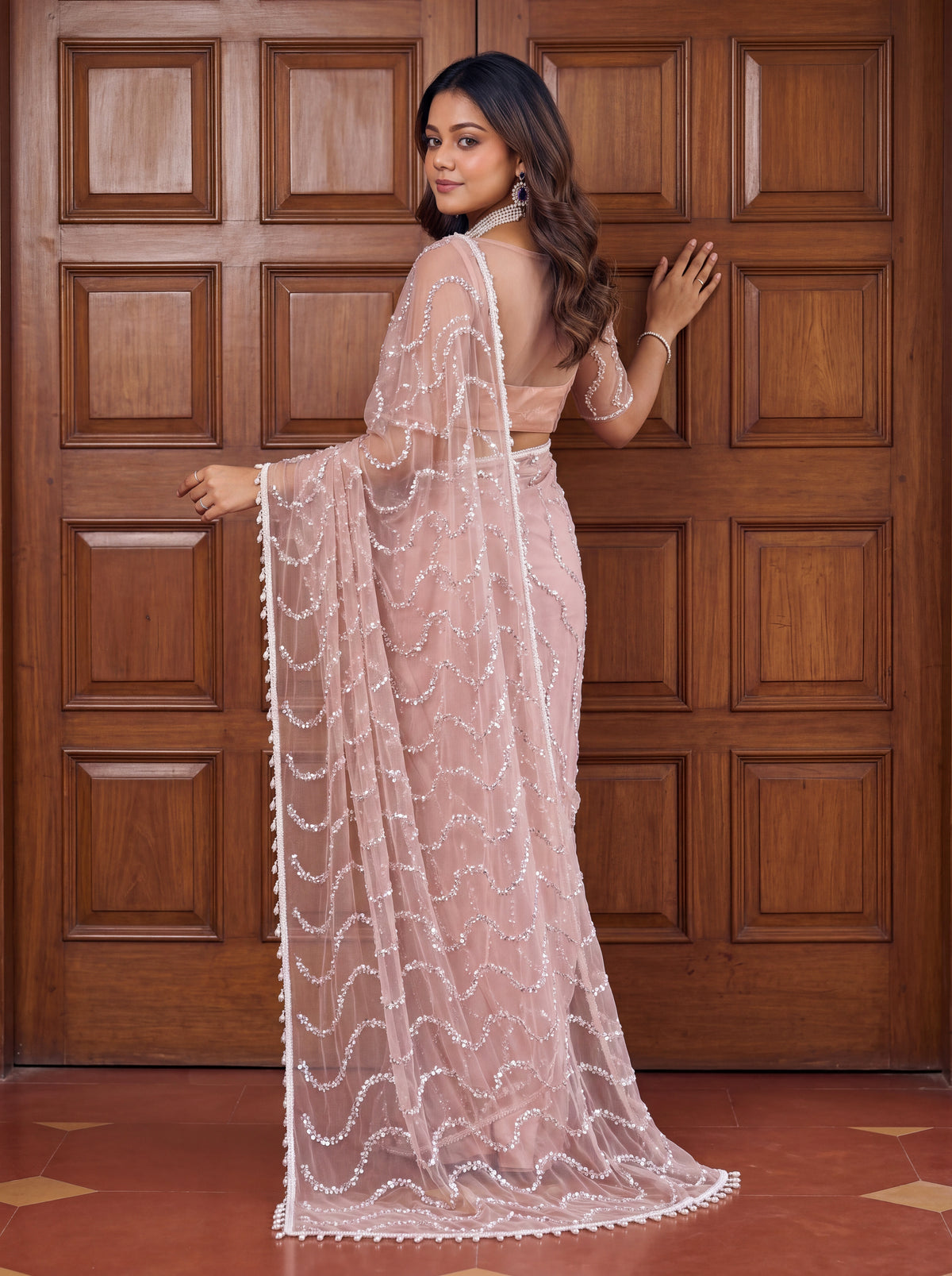 Charismatic Party Wear Net Sequence Beads n Handwork Moti lace Designer Saree With Blouse Piece
