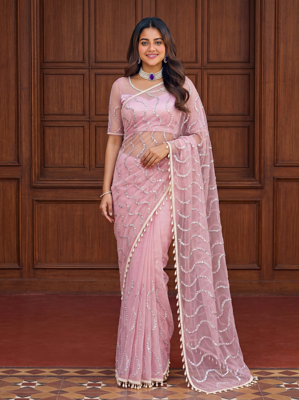 Charismatic Party Wear Net Sequence Beads n Handwork Moti lace Designer Saree With Blouse Piece