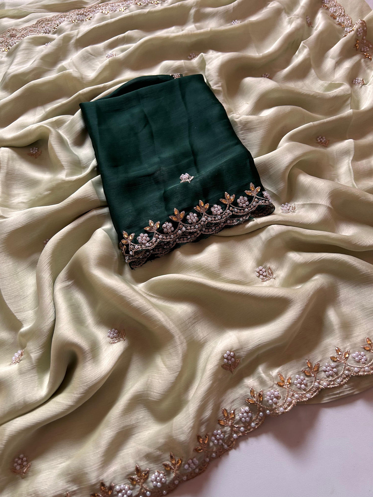 New Partywear Satin Chiffon Embroidery n Diamond Work Fancy Designer Saree With Blouse