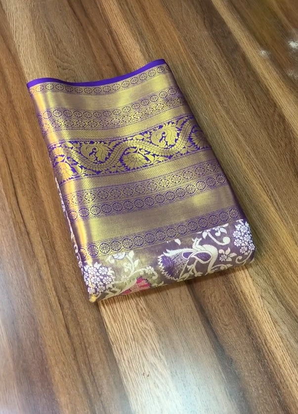 Purple n Gold-Toned Jacquard Woven Design Kanjivaram Pattu Silk Saree