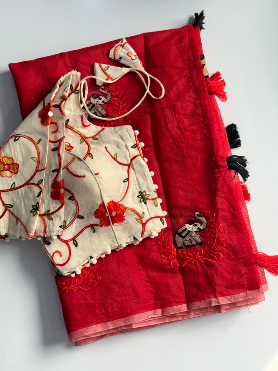 Mellifluous Function Wear Chanderi Cotton Embroidery n Tussels Work Fancy Designer Saree With Stitched Blouse