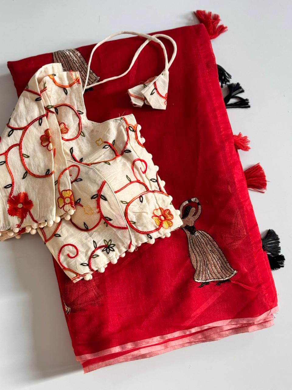 Scrupulous Function Wear Chanderi Cotton Embroidery n Tussels Work Fancy Designer Saree With Stitched Blouse