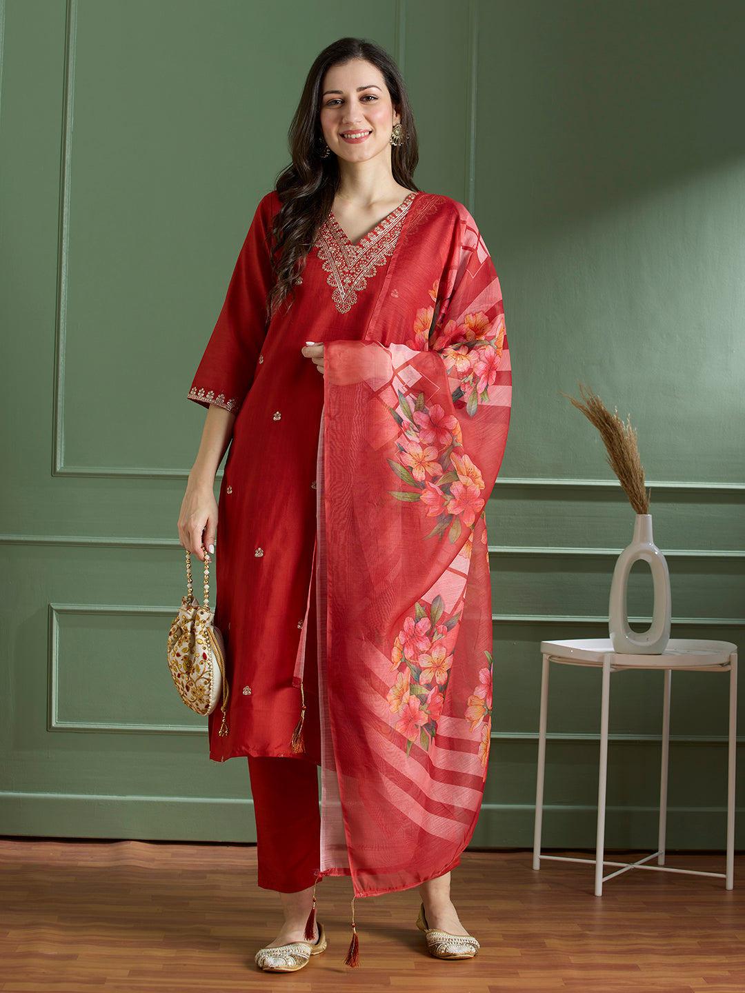 Luxurious Party Wear Rayon Silk Embroidery n Sequence Work Designer Straight Kurta With Trouser Dupatta Set